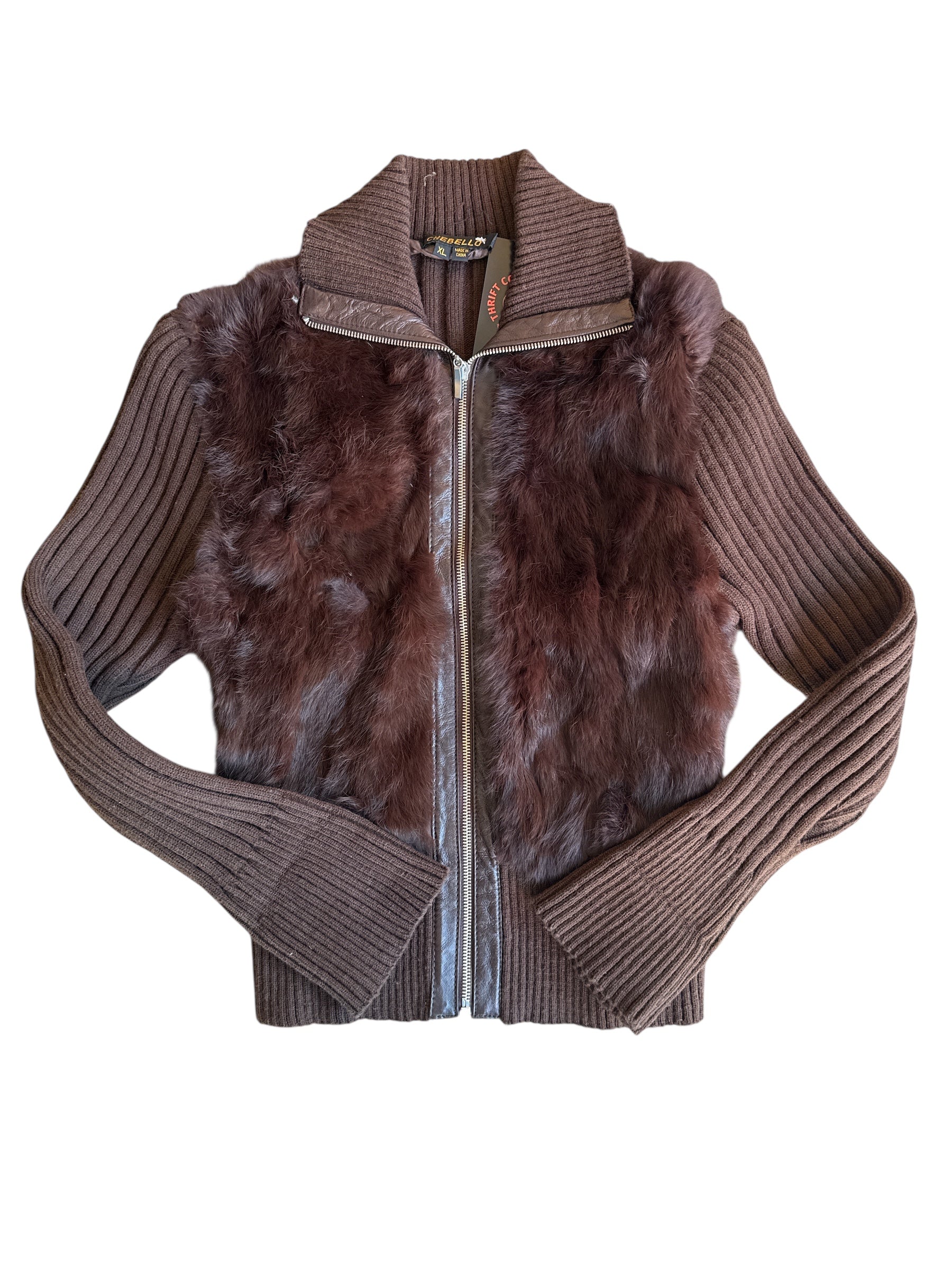 brown chebello sweater zip up w genuine fur, xl