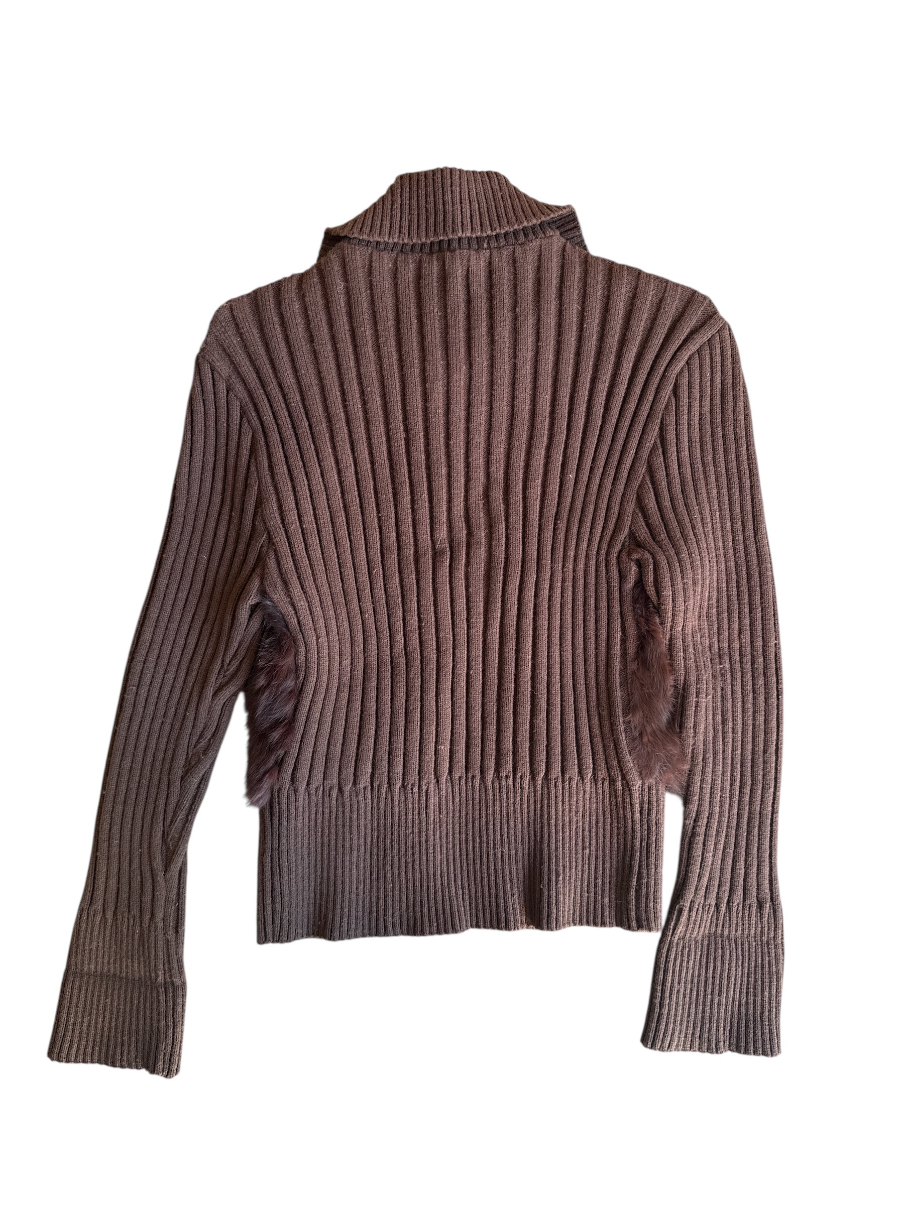 brown chebello sweater zip up w genuine fur, xl