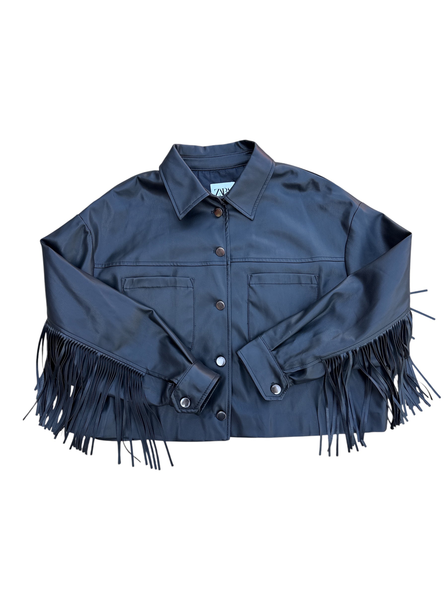 black zara fringe pleather shacket, L
