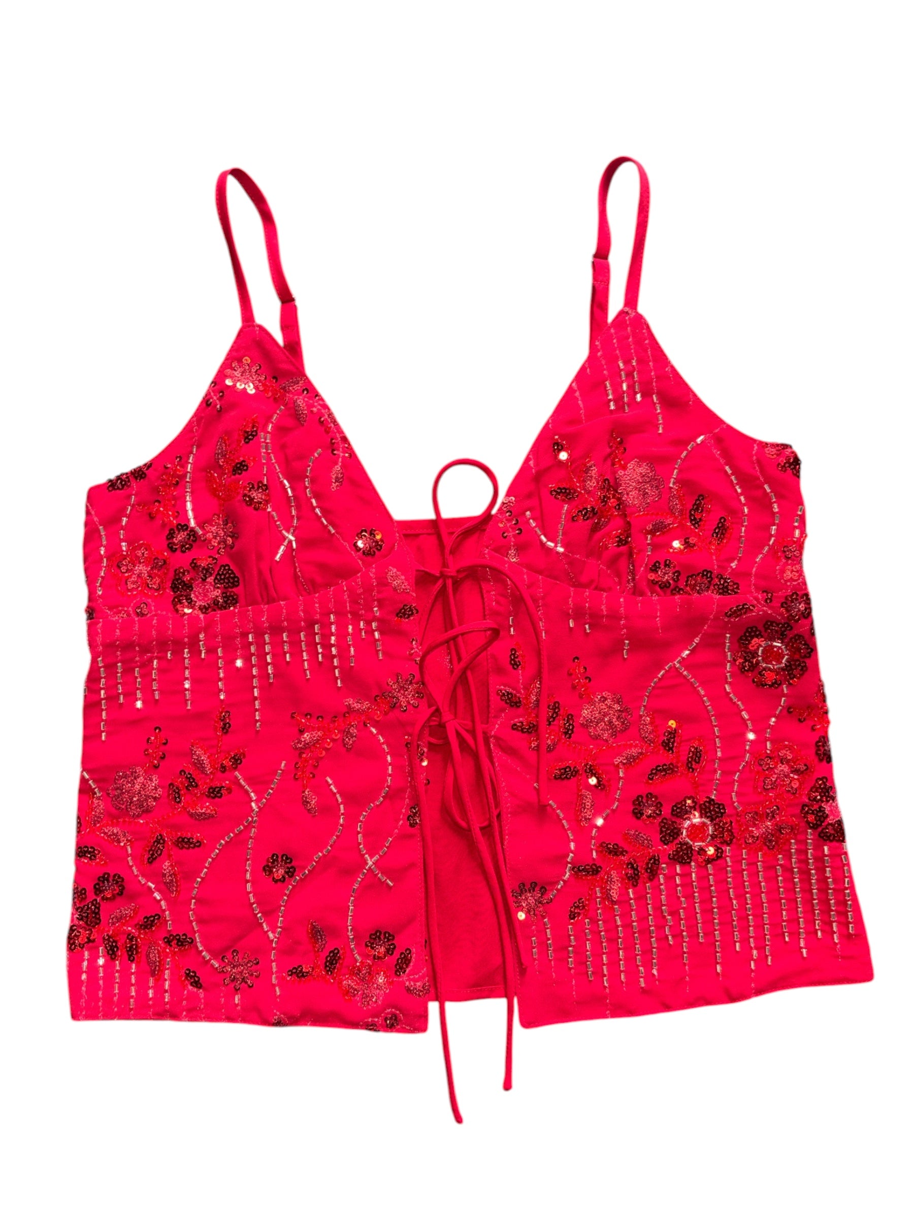 red  sequin embroidered tie front tank, s