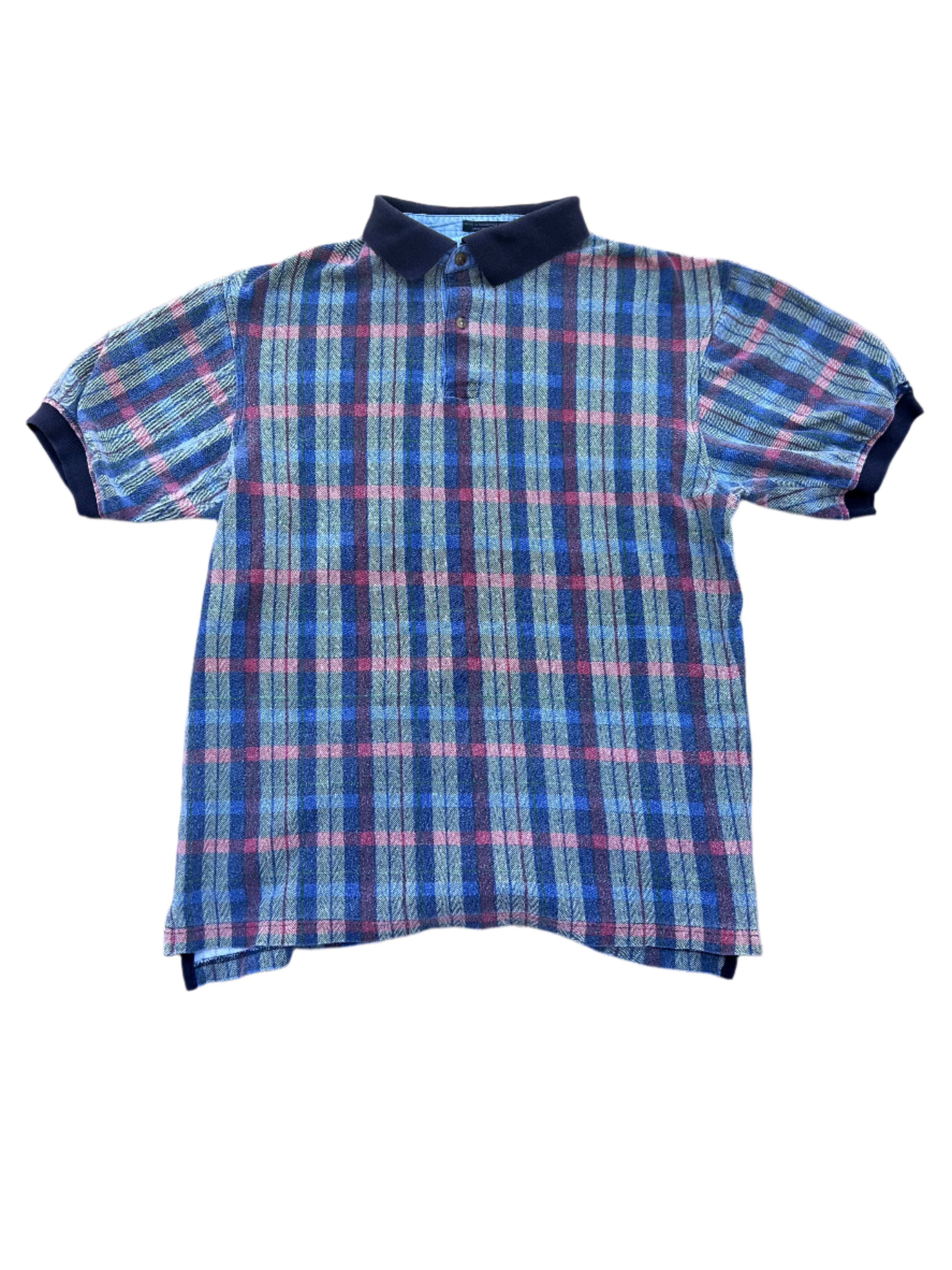 Blue green orange Woods & gray Plaid ss polo, L