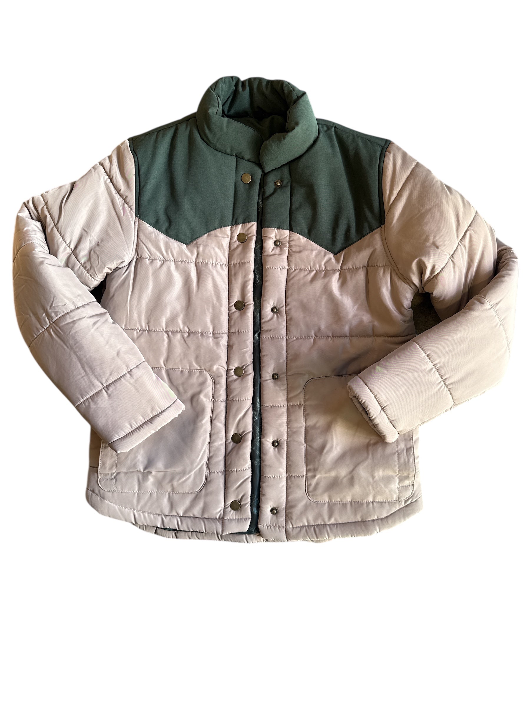 green tan stoic puffer jacket, s