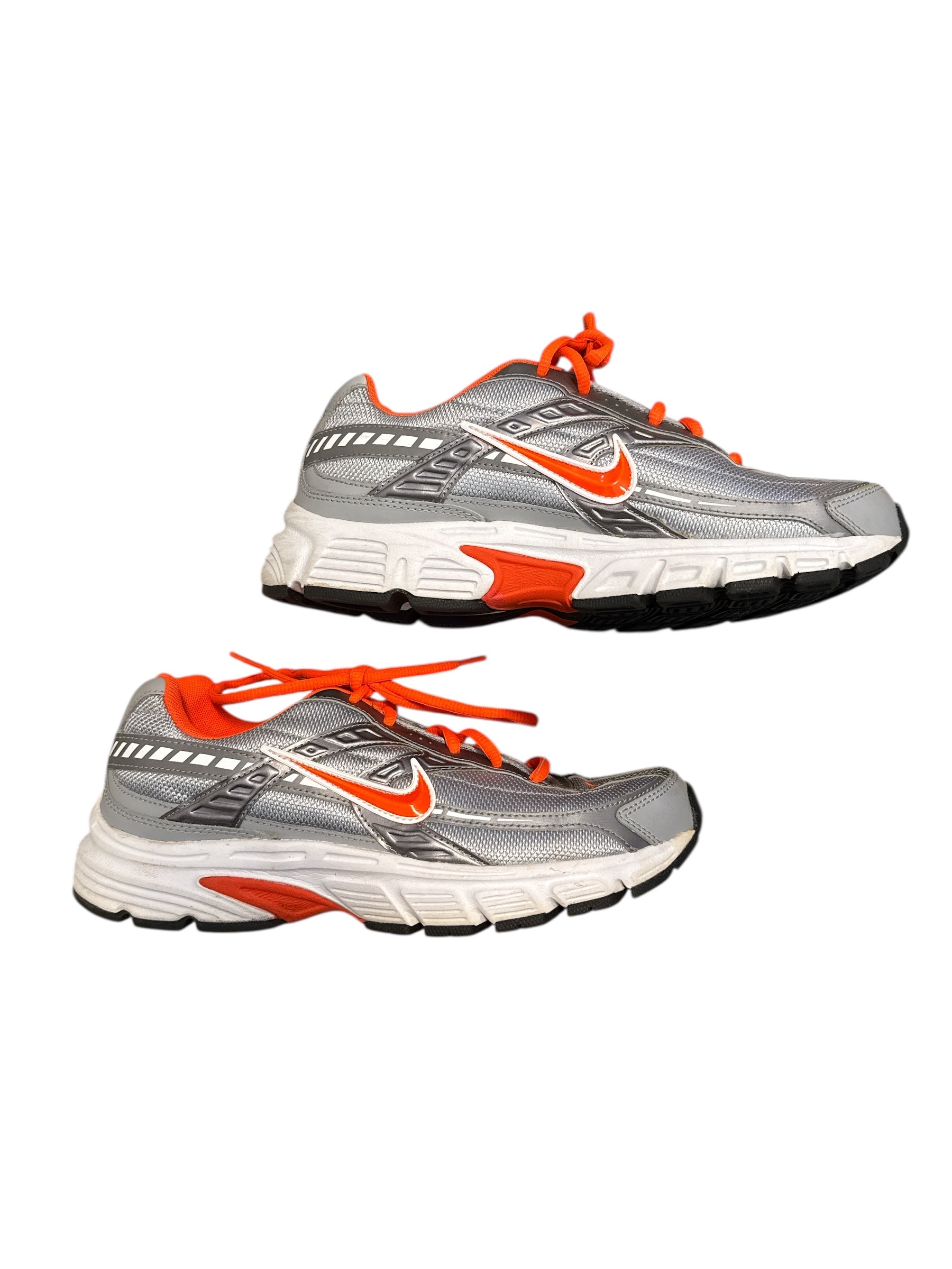 silver orange nike tennis shoes, 8.5