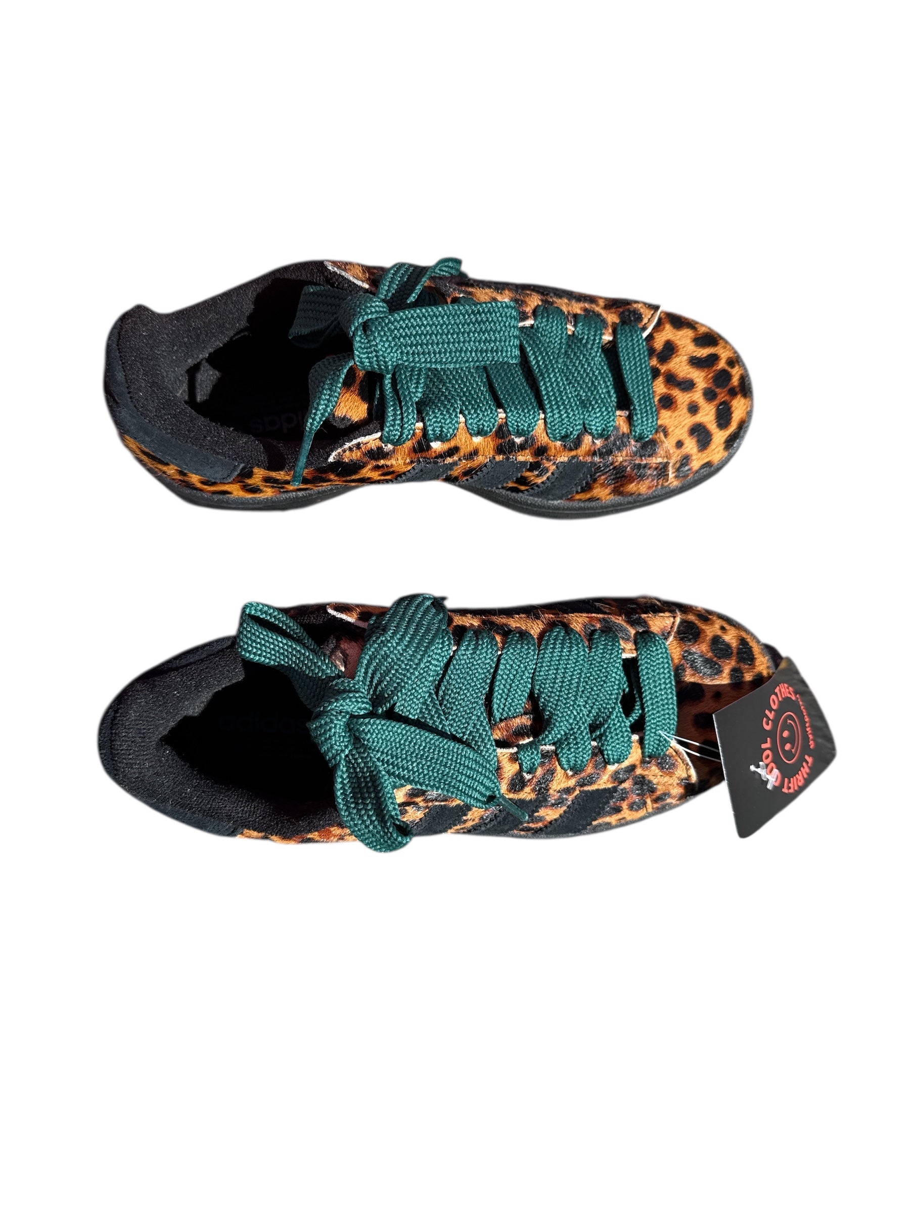 brown green adidas animal print sneakers, 5.5