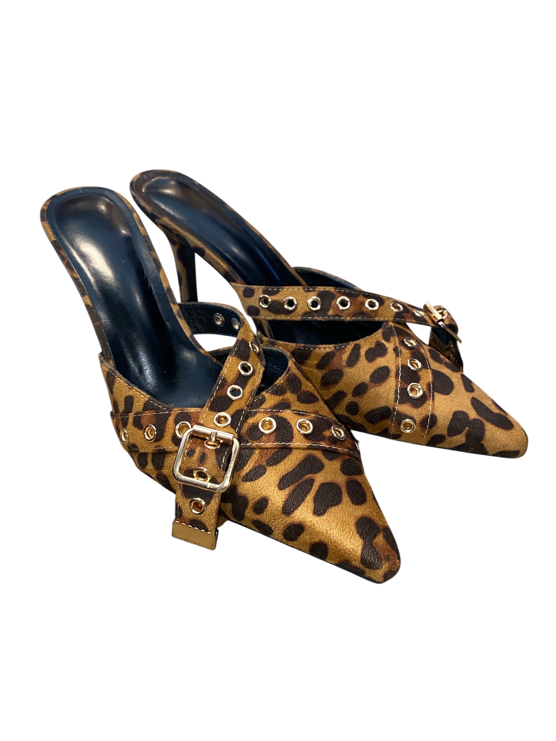Brown gold  Pointed toe leopard mule heels, 8
