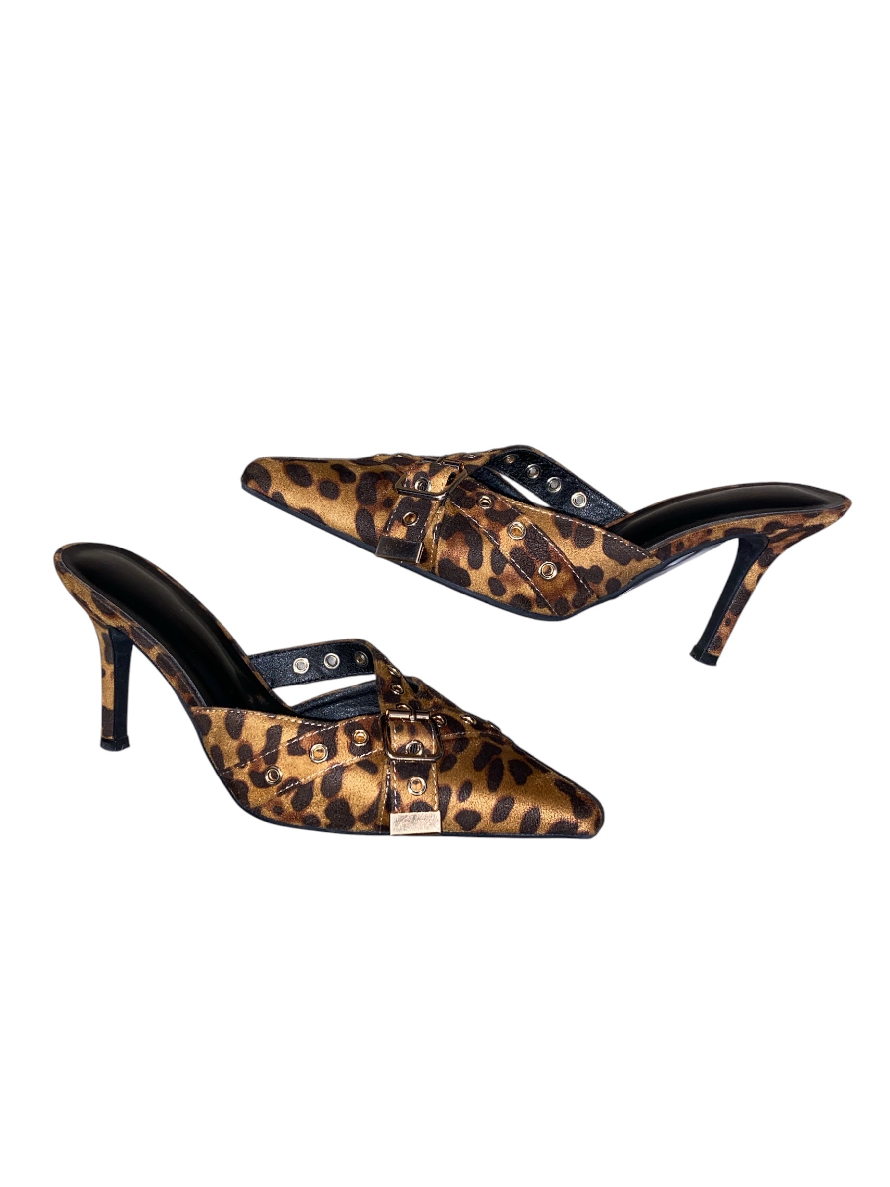 Brown gold  Pointed toe leopard mule heels, 8