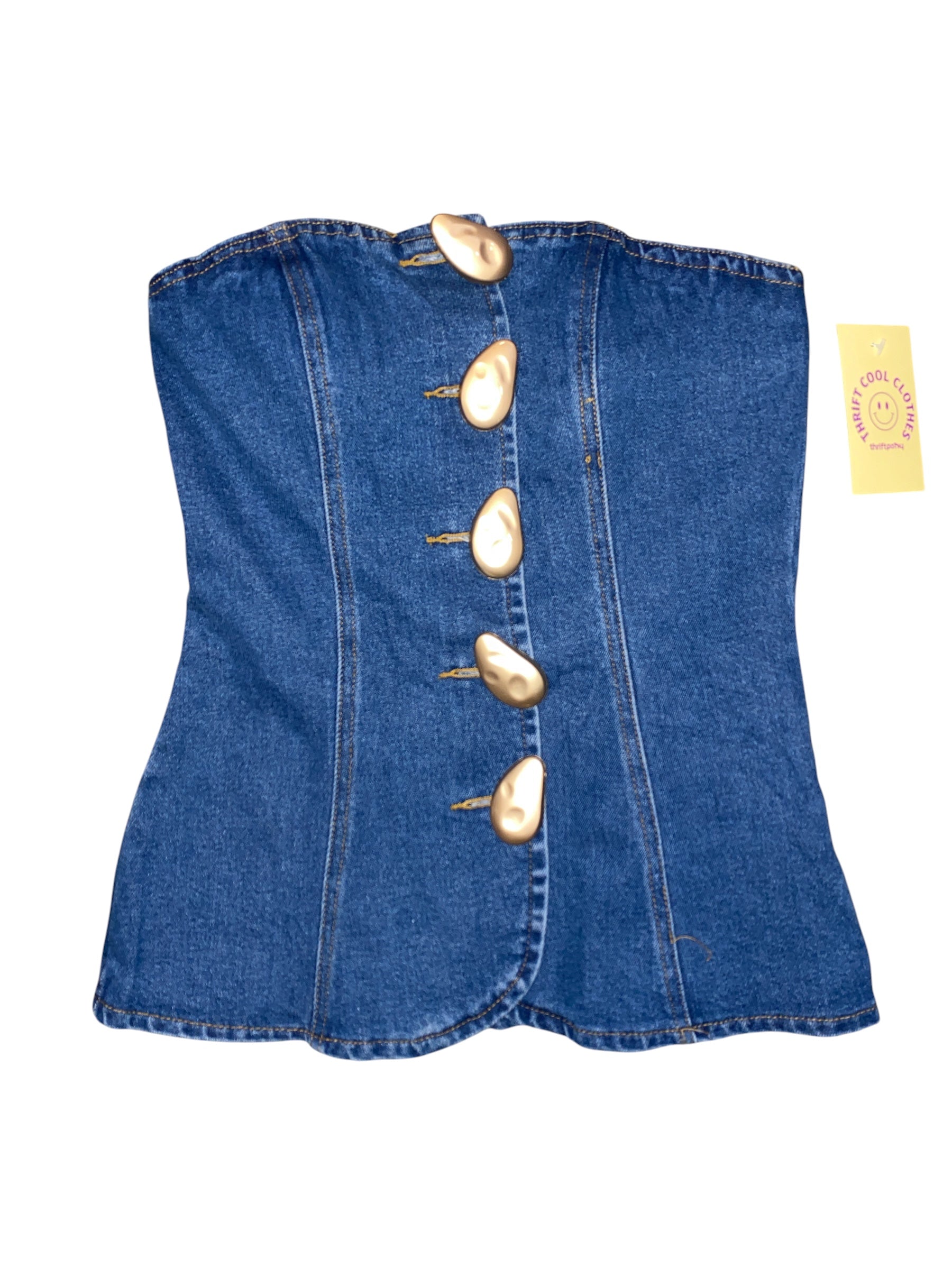 Blue gold  Denim strapless top w abstract buttons, Xs