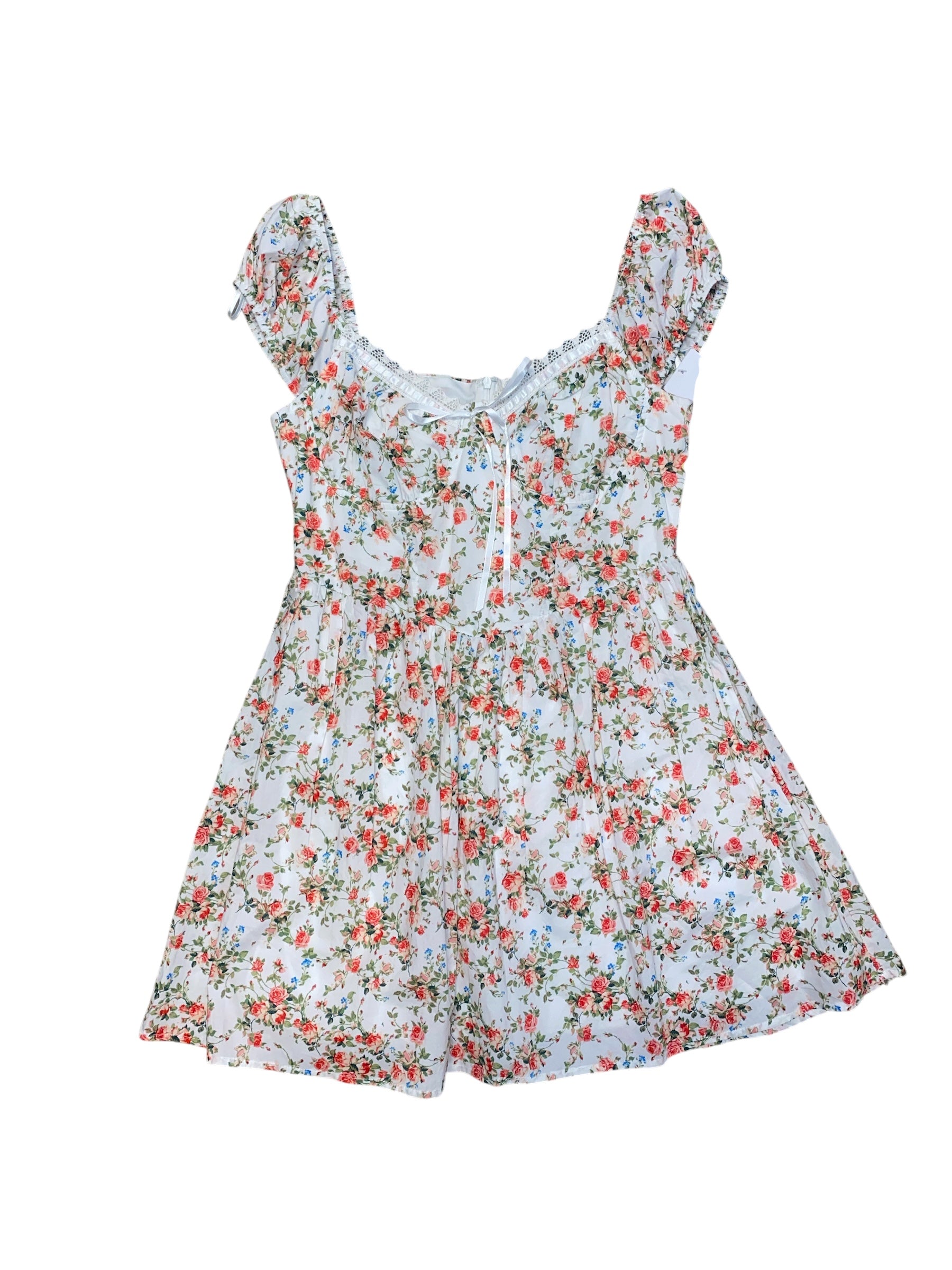 white pink mixed threads Floral lace trim babydoll dress, L