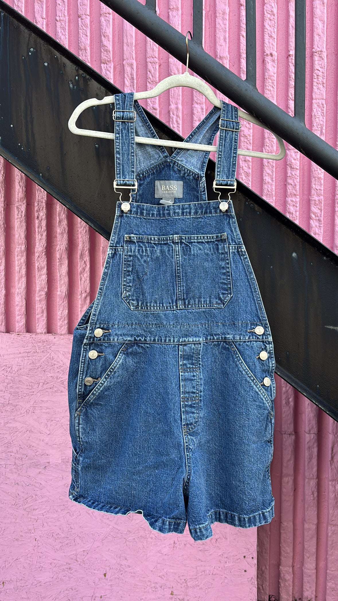 blue bass denim shorteralls, m