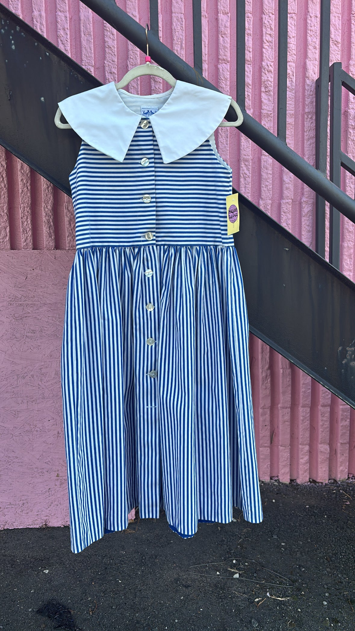white blue fast friends stripe dress w large collar