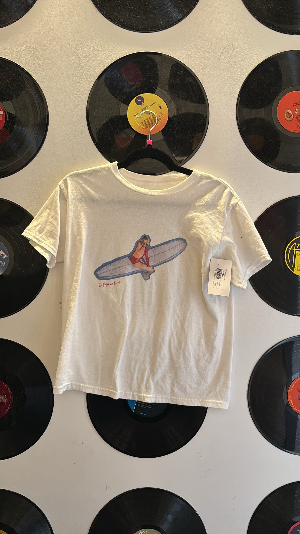 white red blue in print we trust surfboard girl tee, s