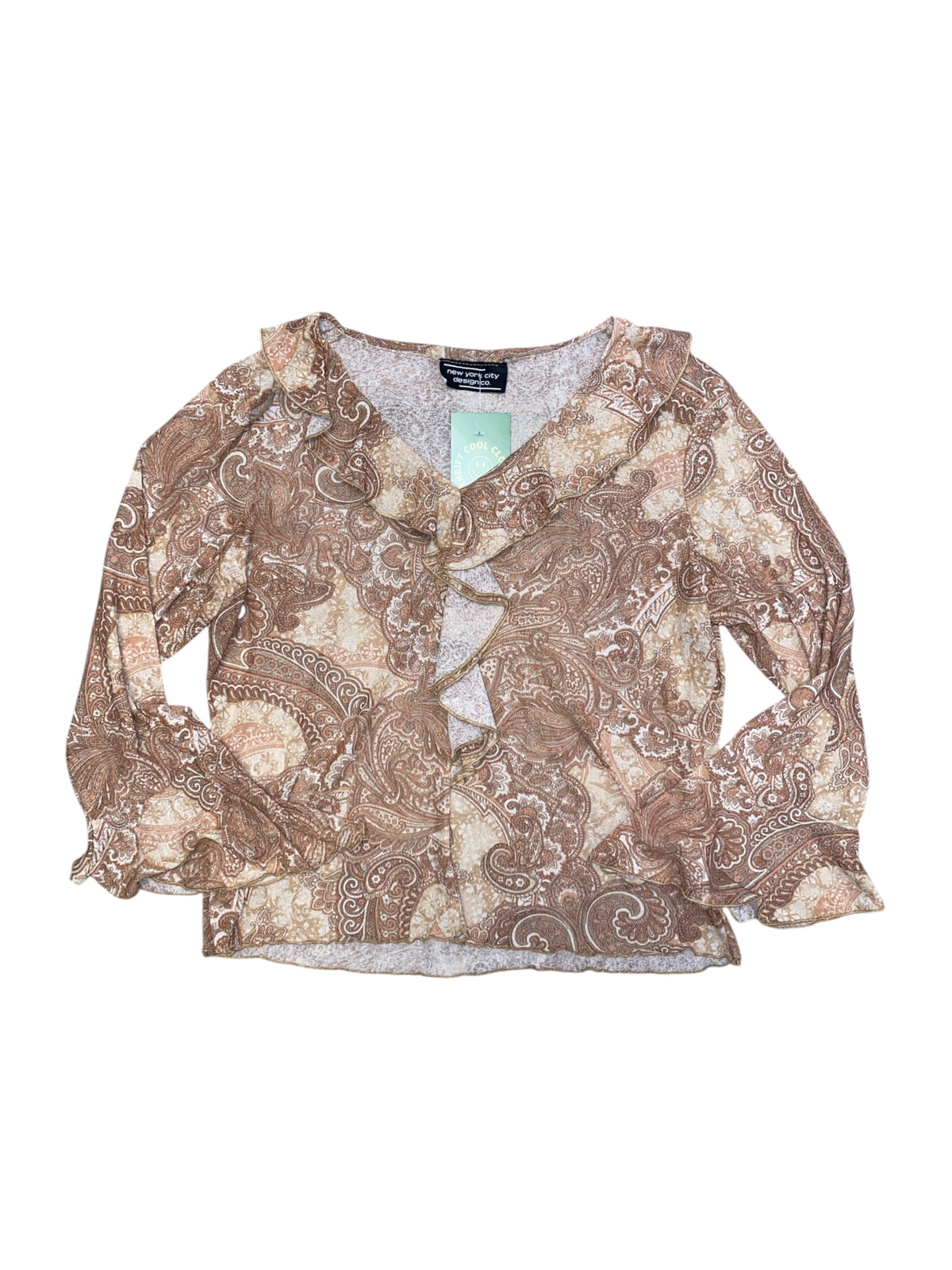 brown new york city sheer paisley ruffle ls
