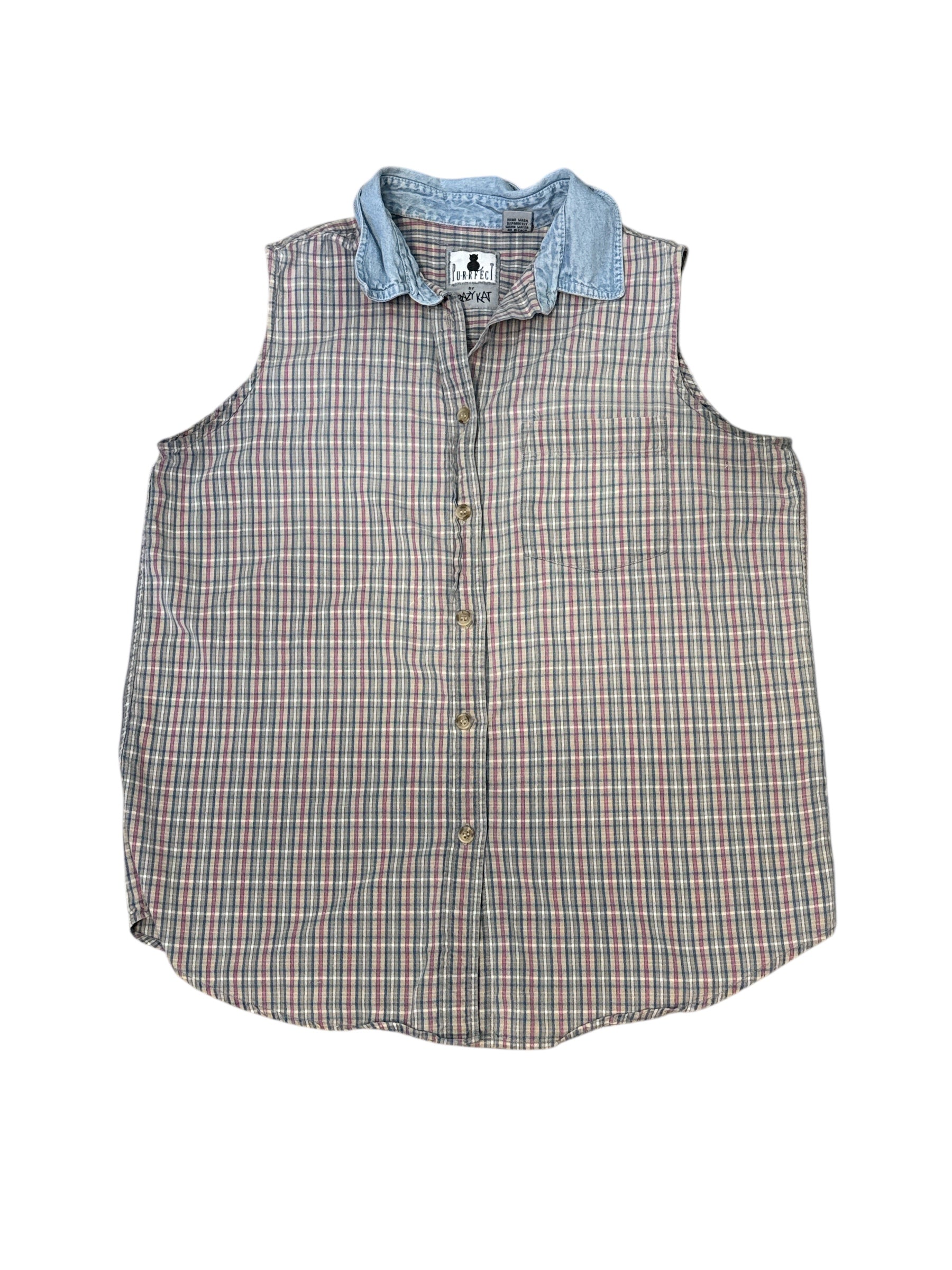 pink blue krazy kat plaid button up vest, l