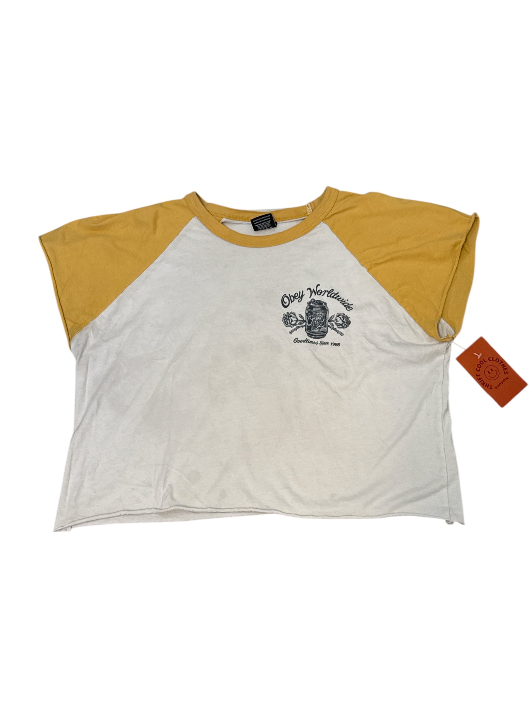 yellow white obey baseball tee, m