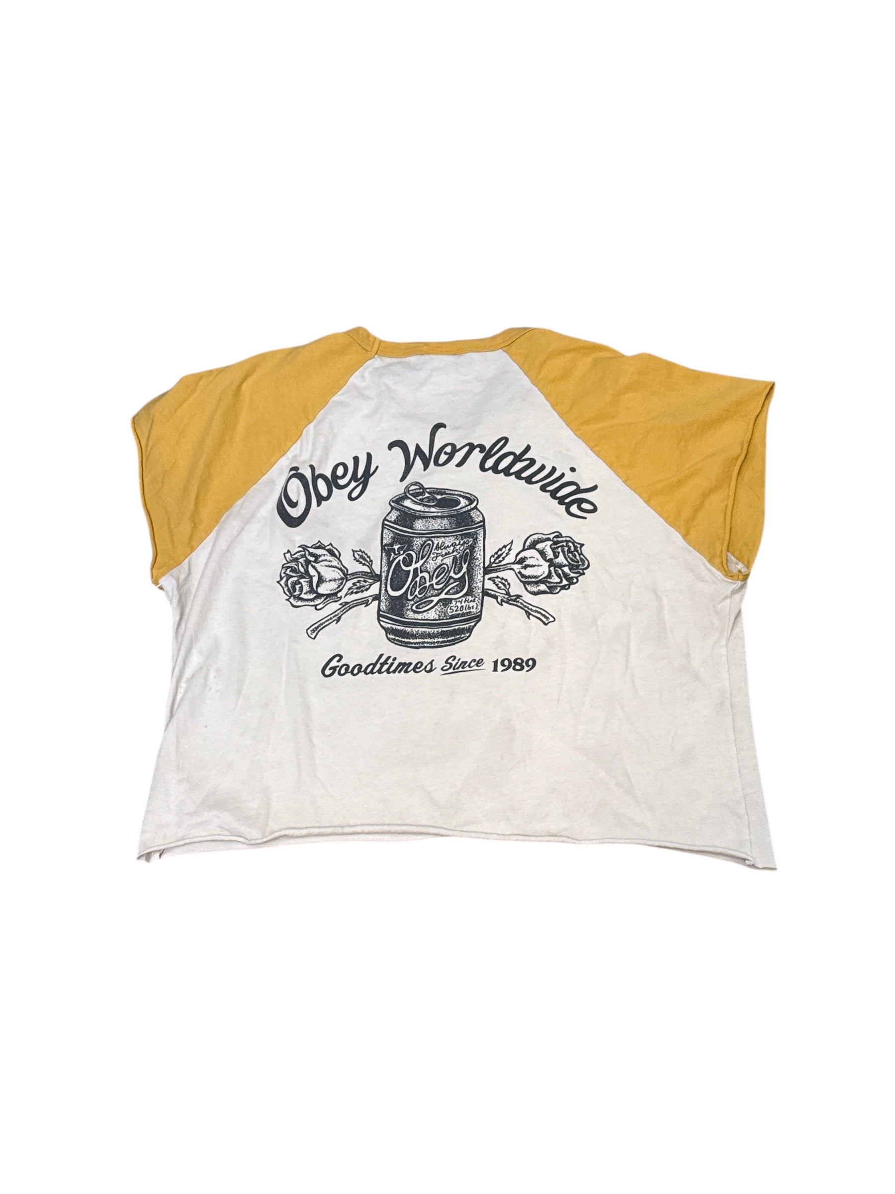 yellow white obey baseball tee, m
