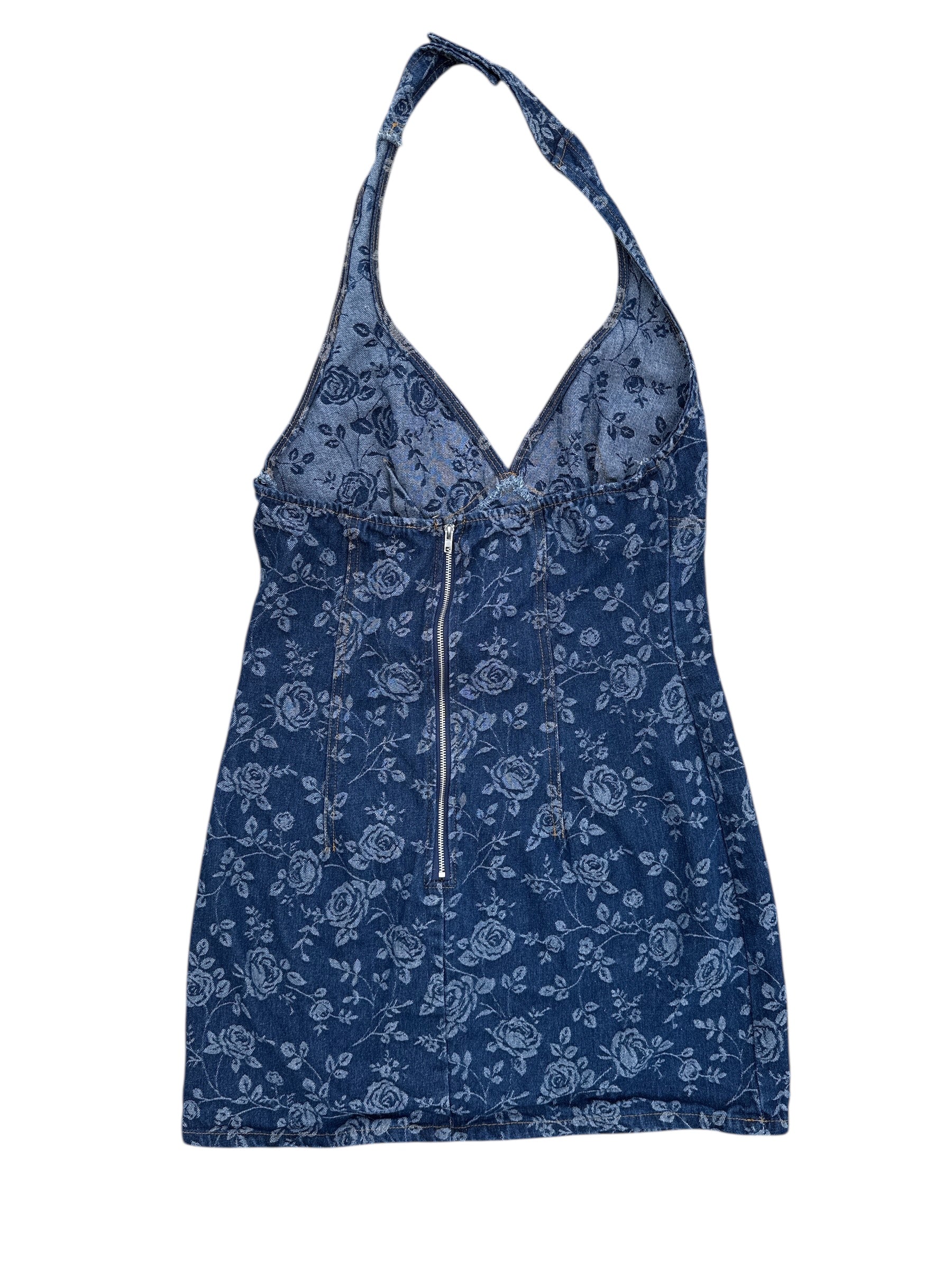 Blue Lulus Denim floral halter dress, M