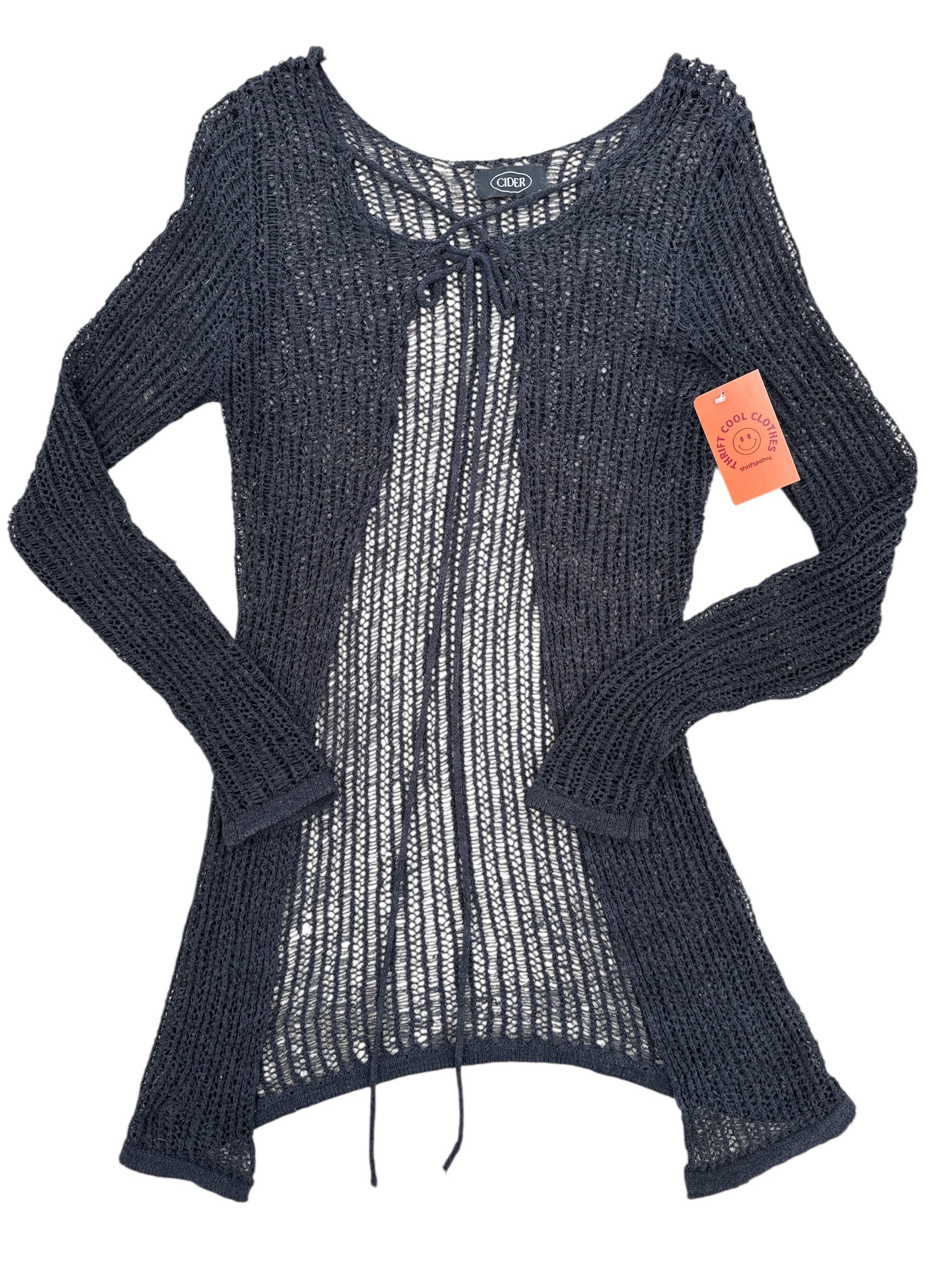 black cider crochet tie front ls top, s