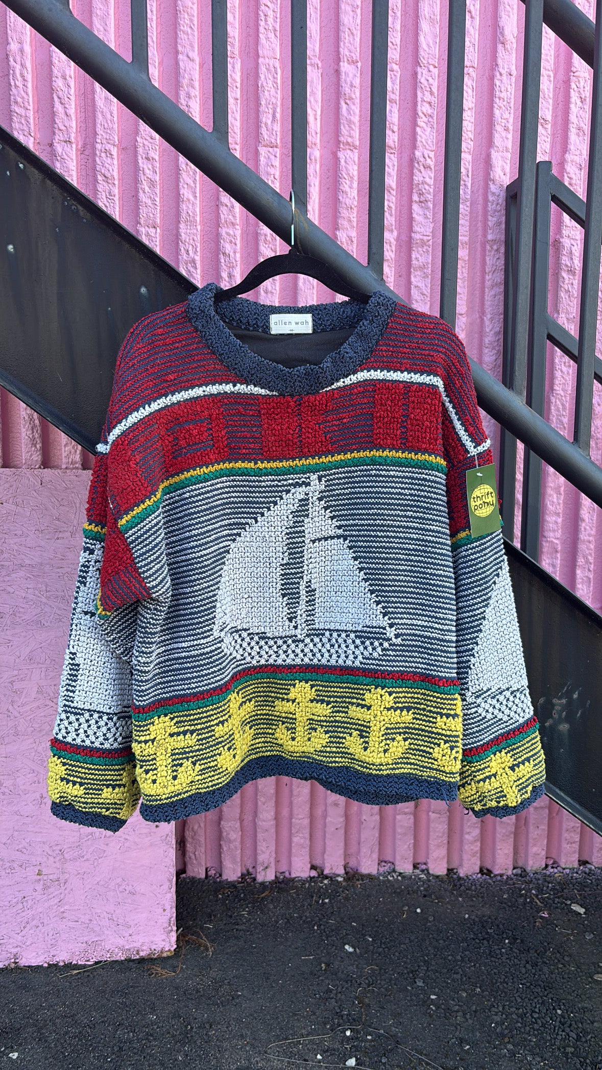 red blue white allen wah vtg sailboat sweater, m