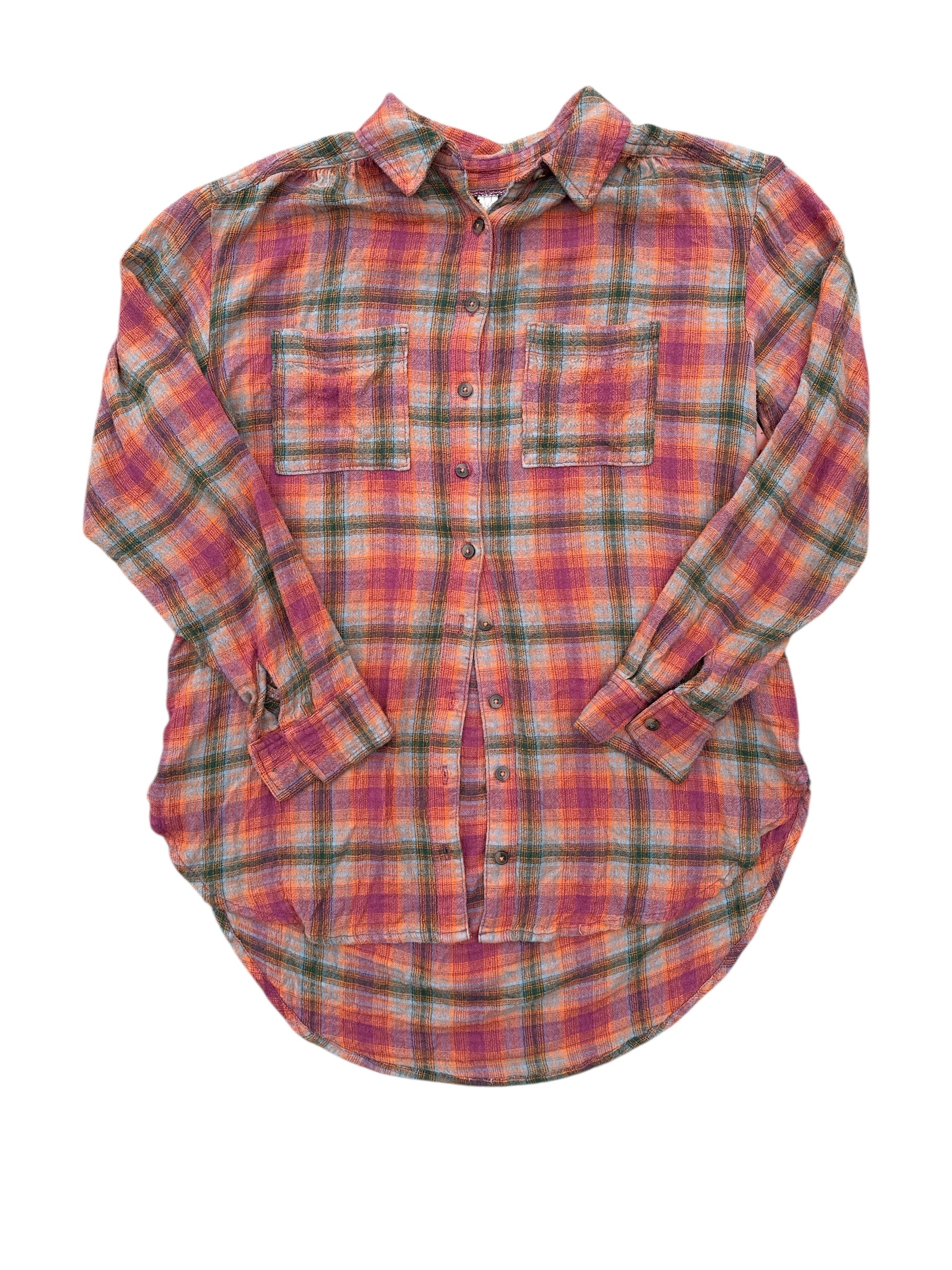 orange green blue pilcro plaid button up ls, xs