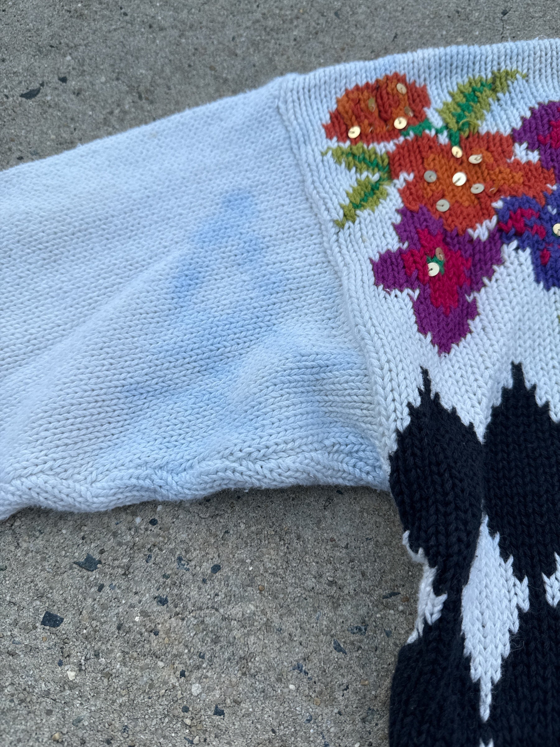 cream purple orange needles yarn knit floral sweater, L