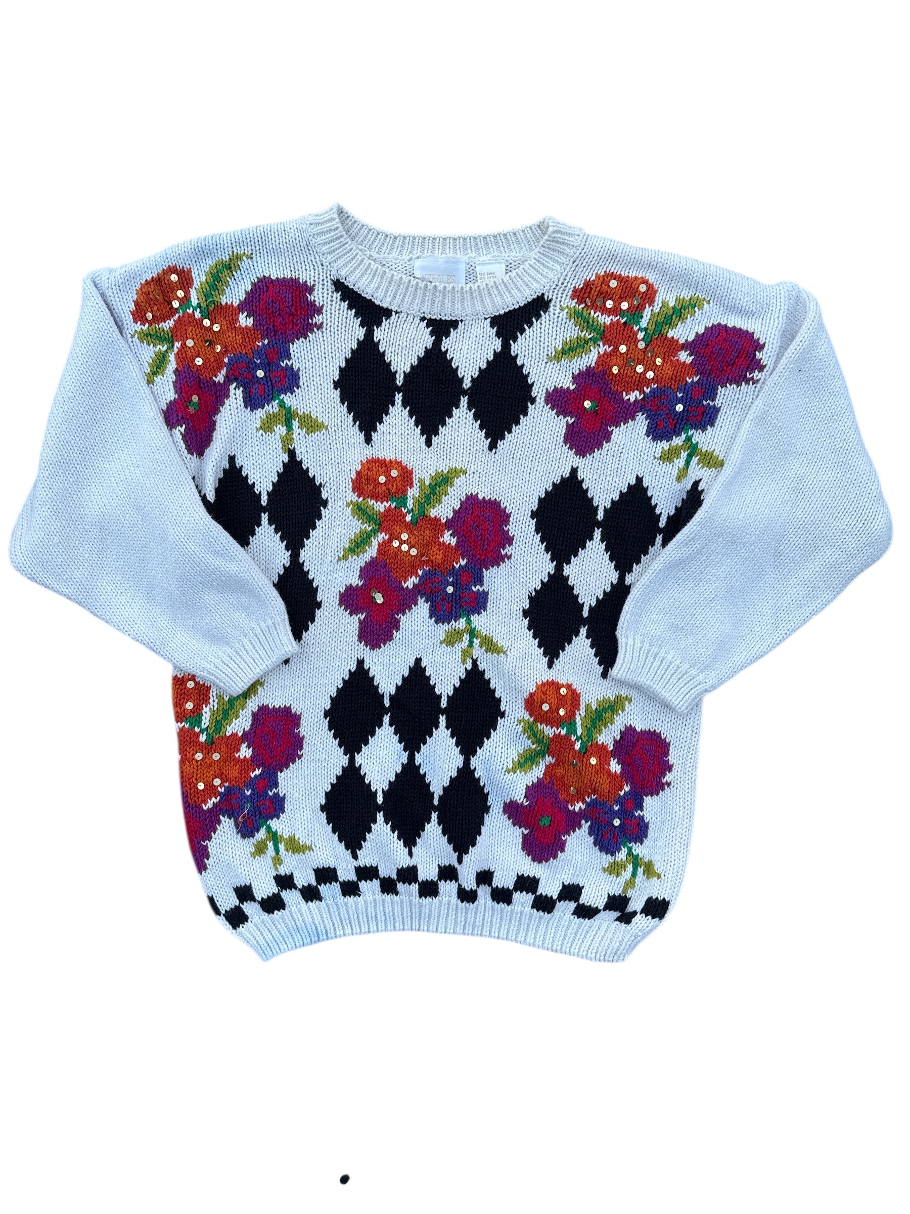 cream purple orange needles yarn knit floral sweater, L