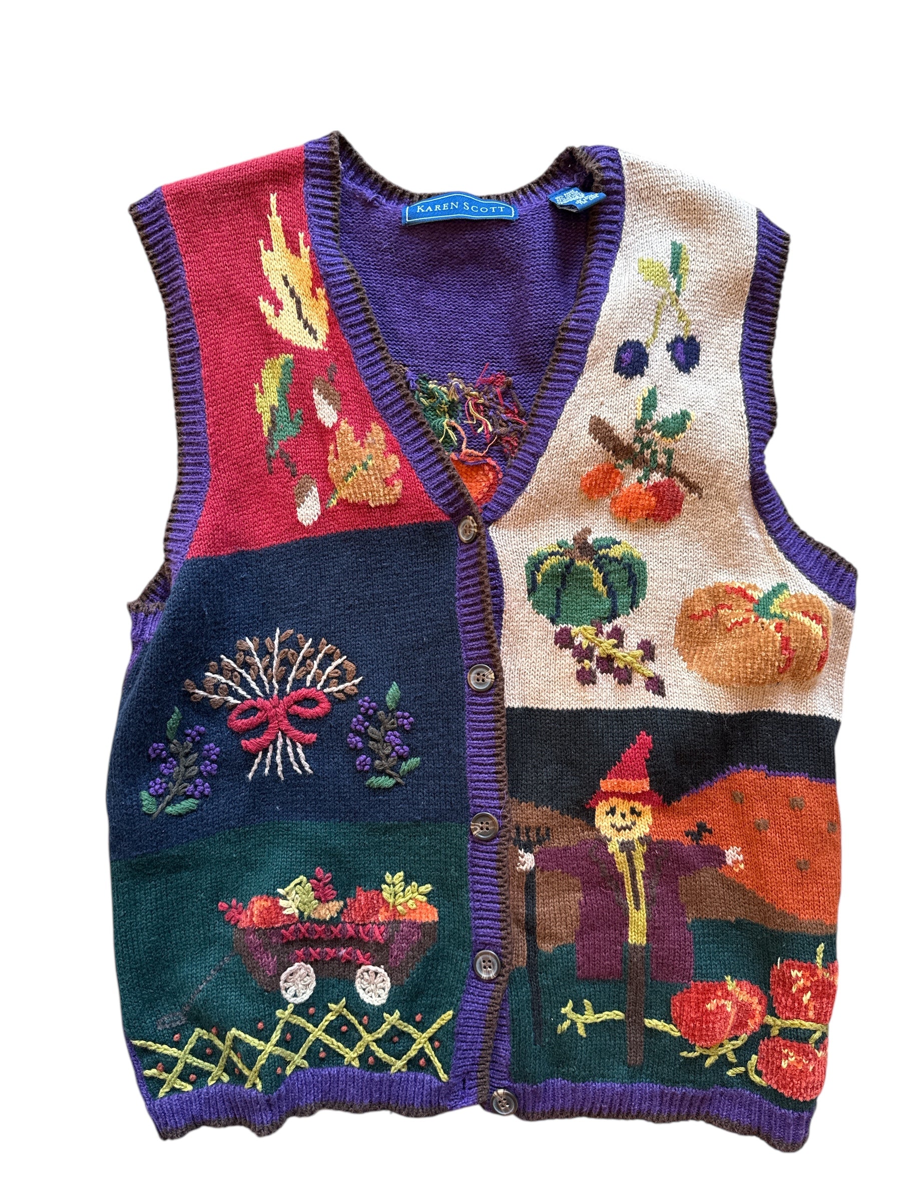 purple red green beige karen scott fall scarecrow and leaves vest, m