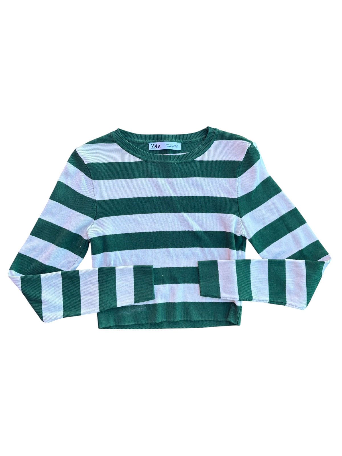 green white zara striped ls crop, m