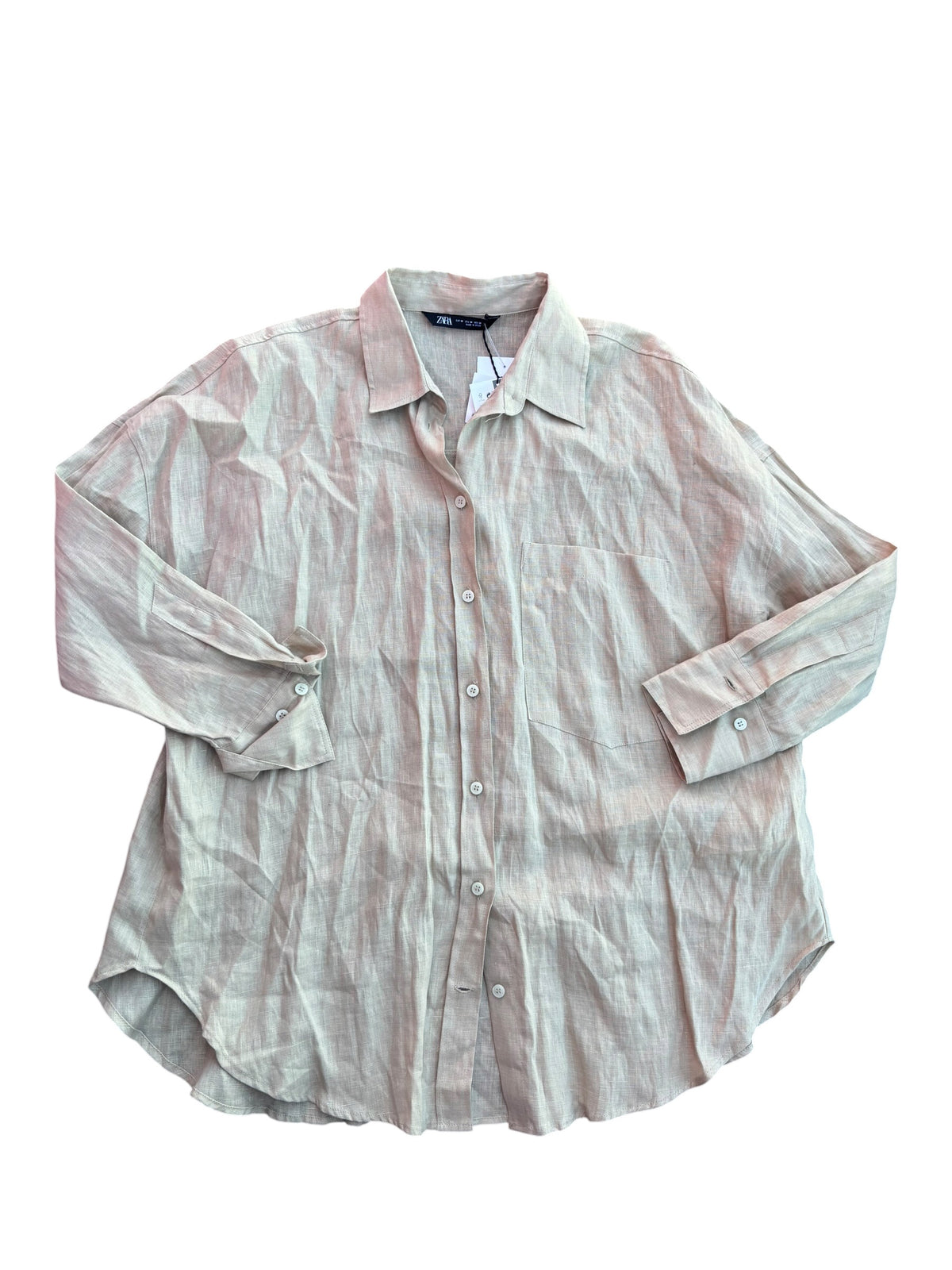 tan zara nwt linen button down, m
