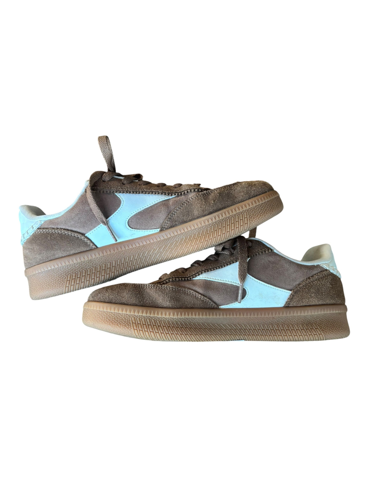 white and brown  faux suede sneakers, 8.5 womens