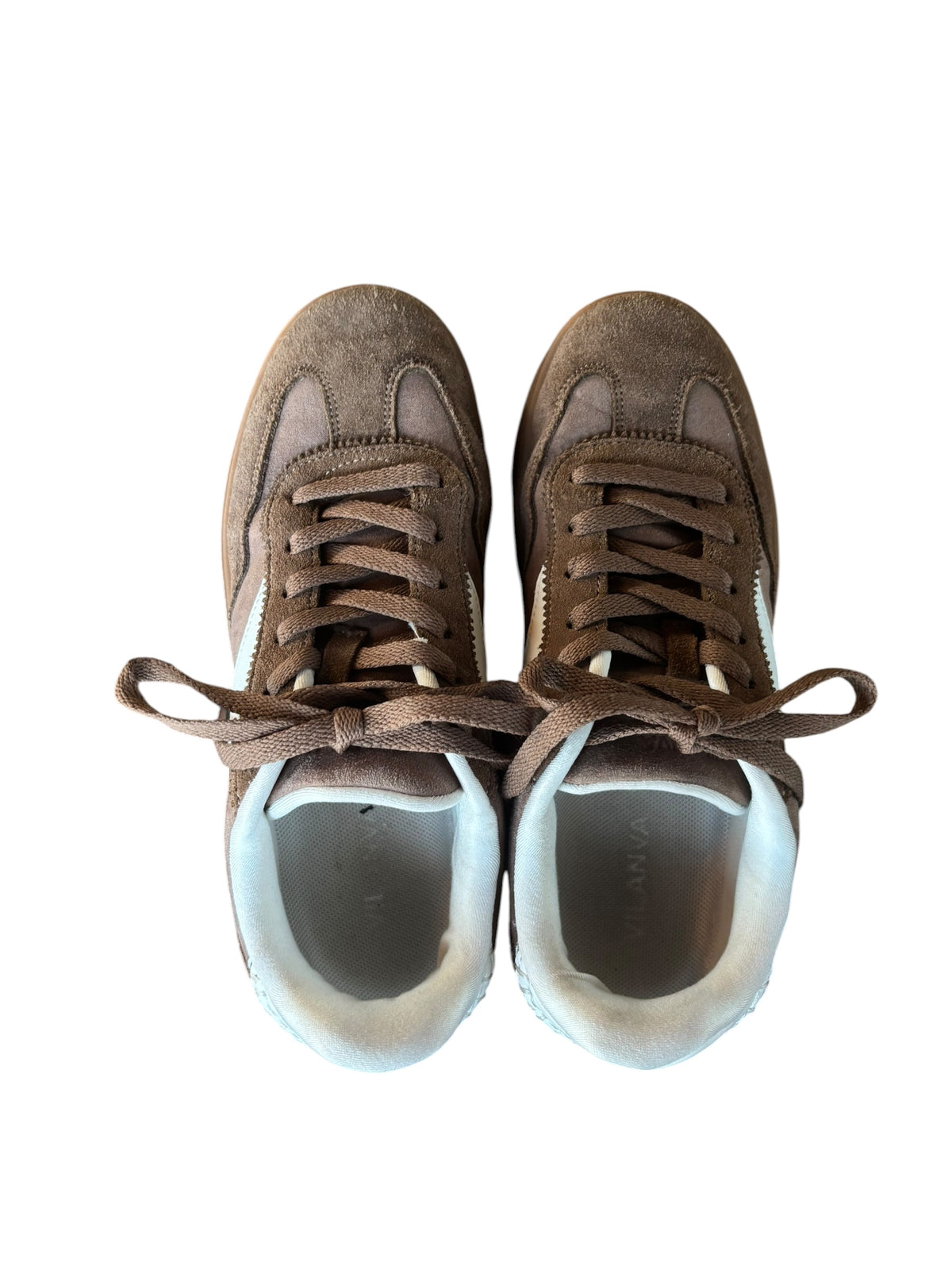 white and brown  faux suede sneakers, 8.5 womens