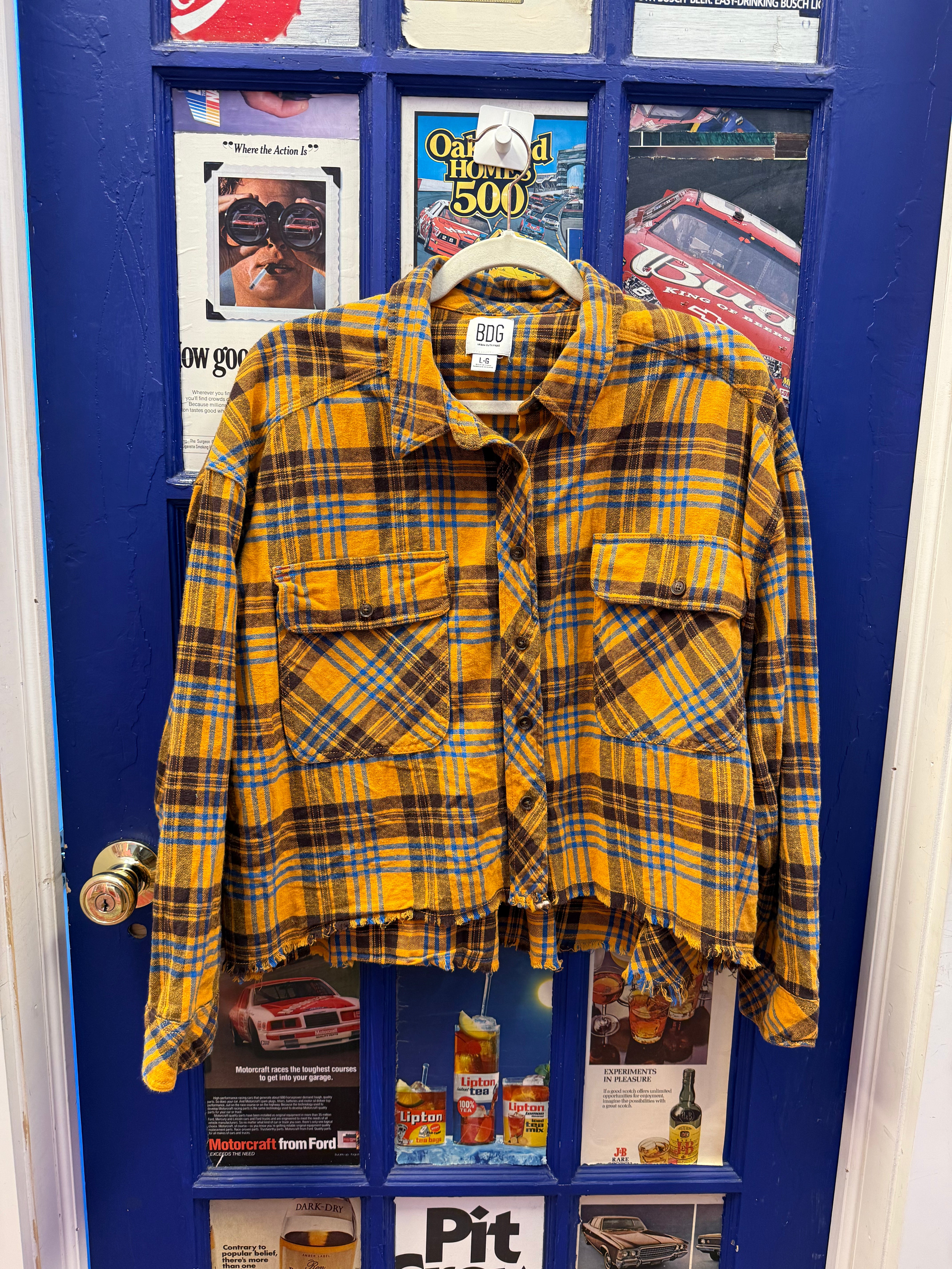 mustard bdg Plaid cropped button up, L