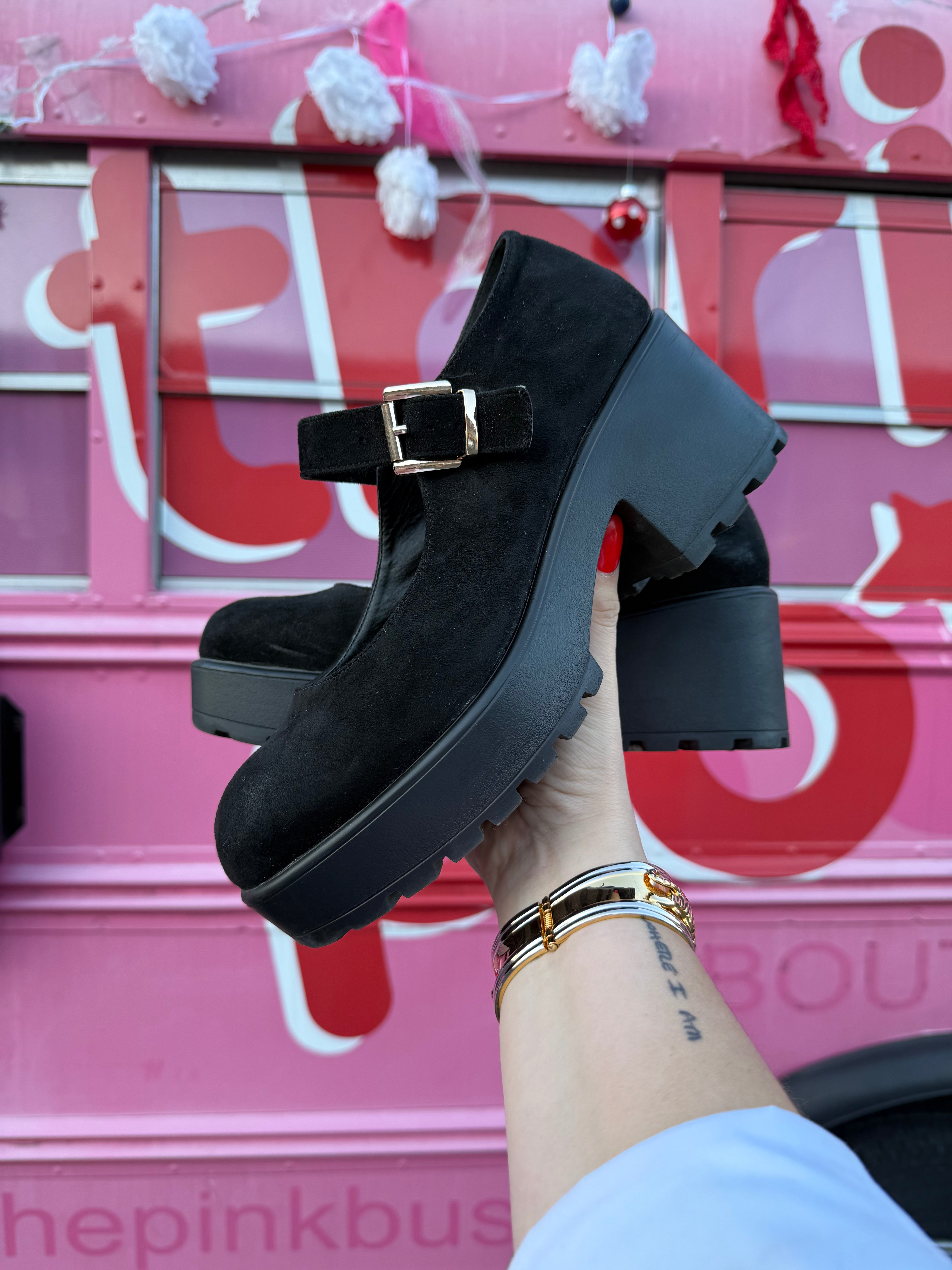 Black KOI Suede-like  platform Jane’s, 8w
