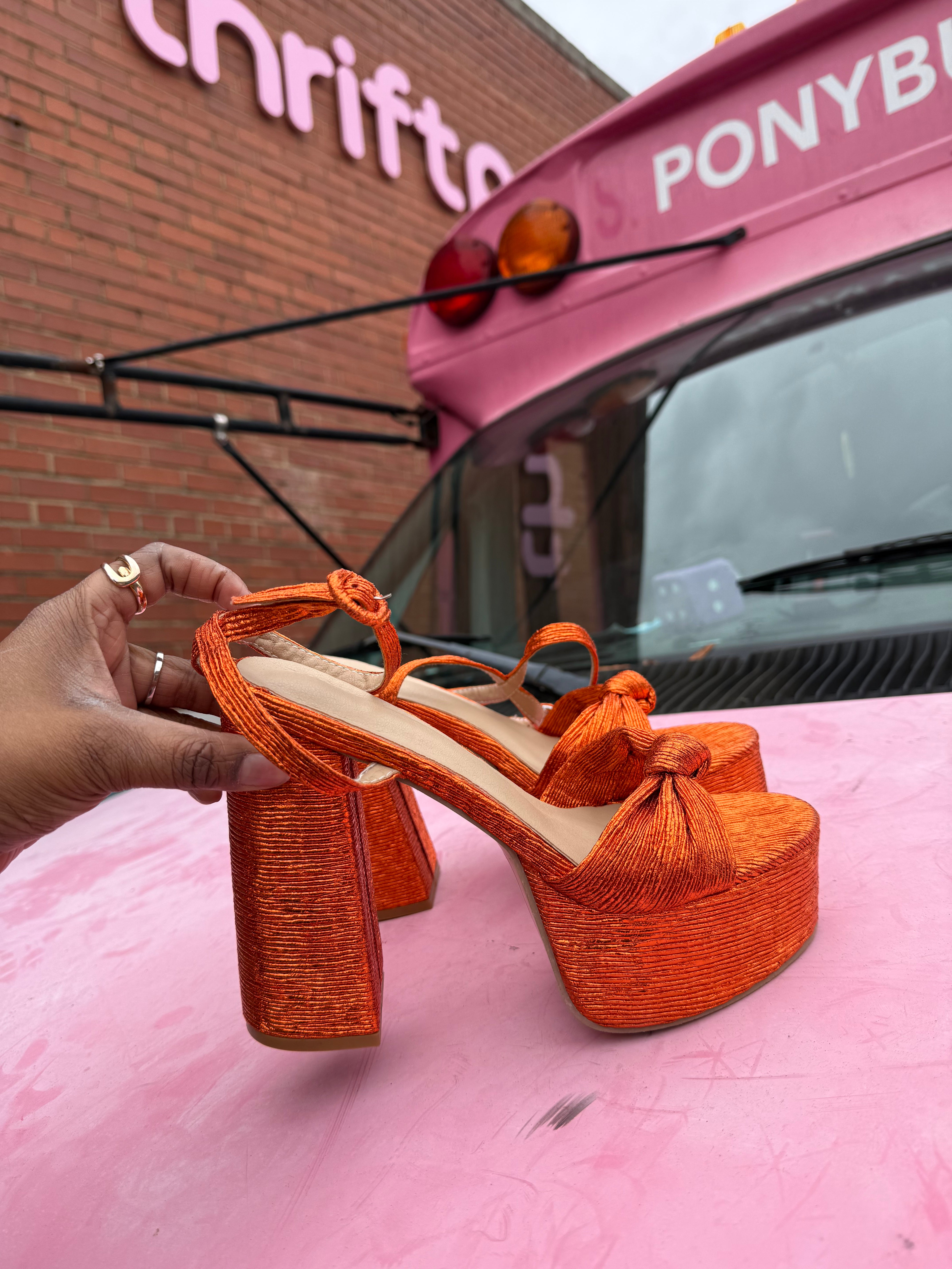 orange  chunky metallic heels, 40