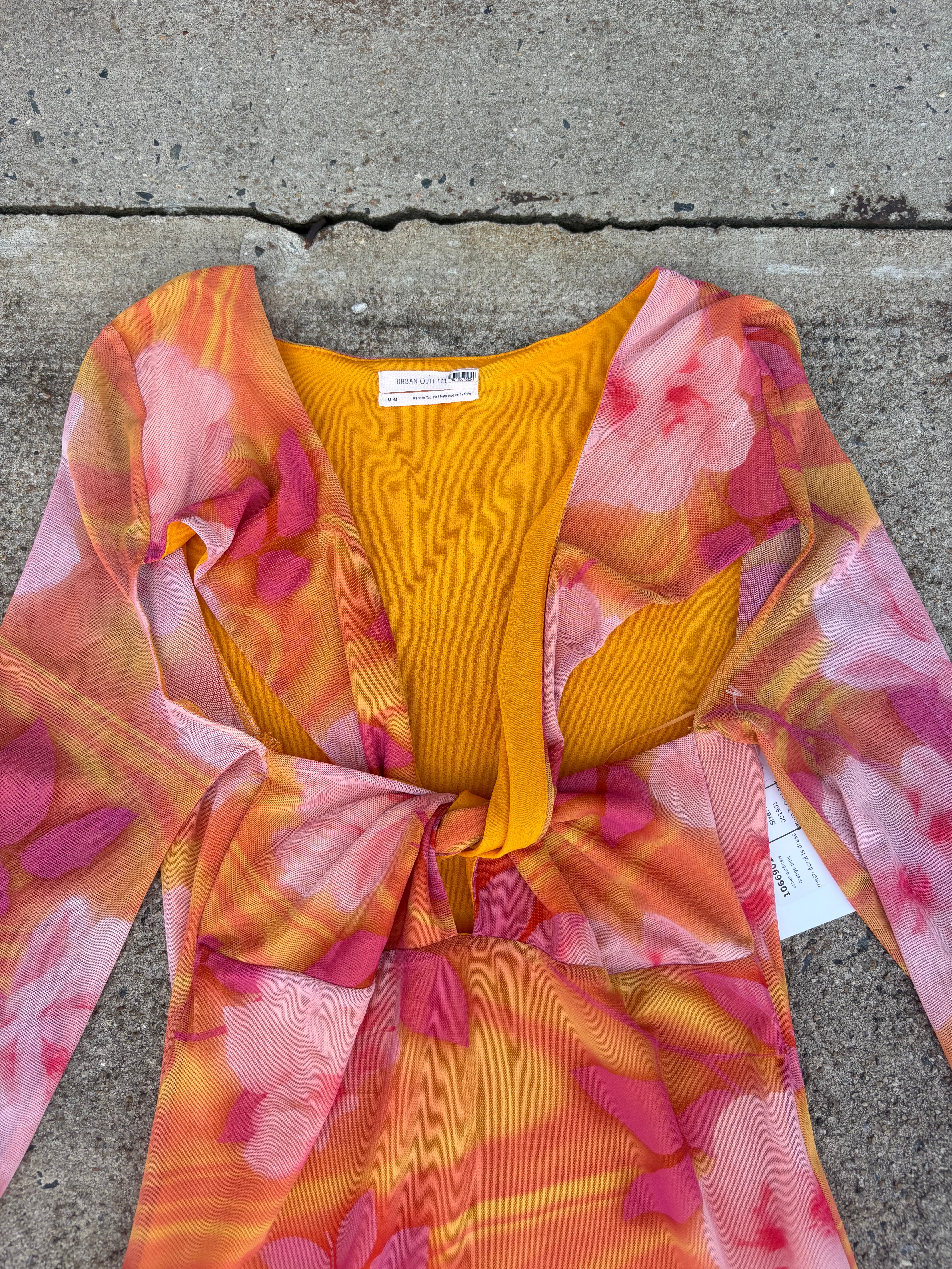 orange pink urban outfitters mesh floral ls dress, M