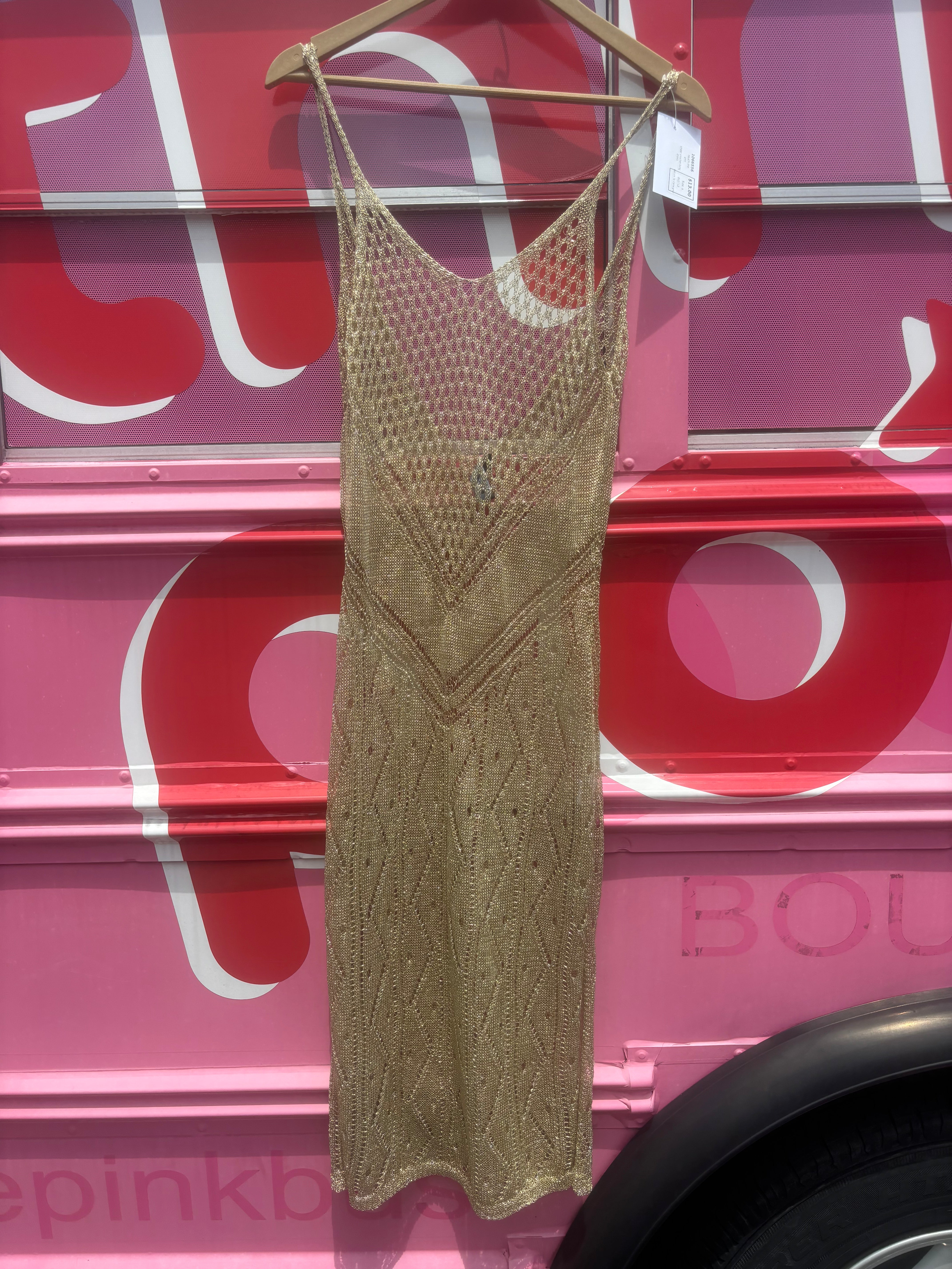 gold touch me sheer crochet long dress, s