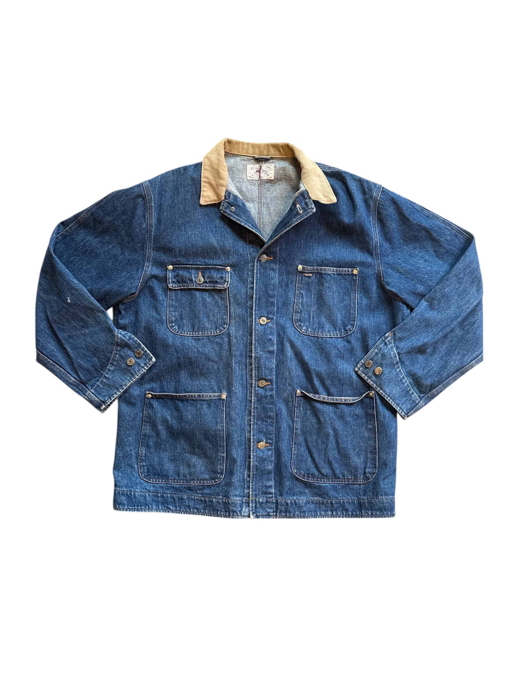 dark wash tan polo cord/ denim barn jacket, L