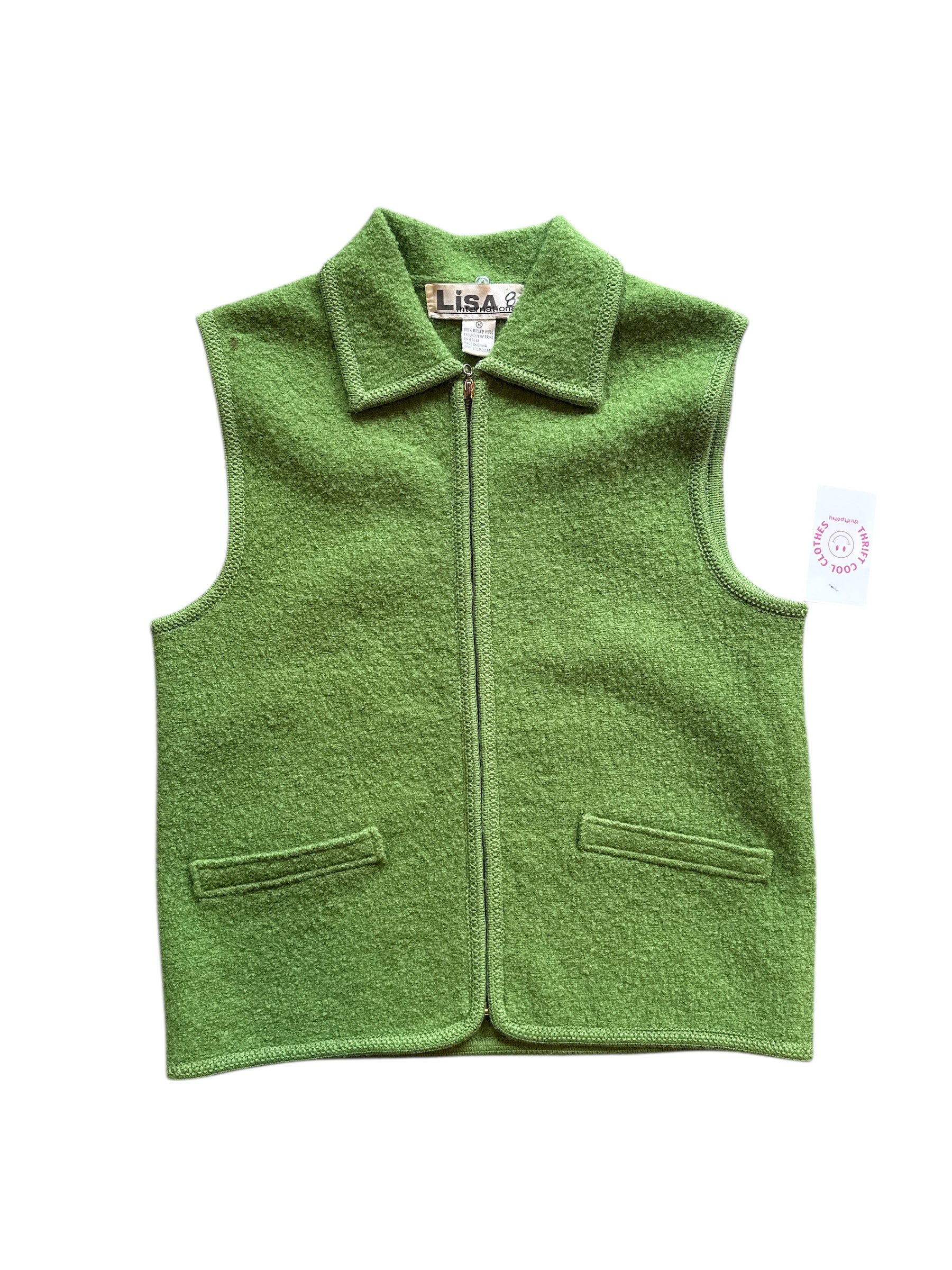 Green lisa international 100% wool zip up vest, M