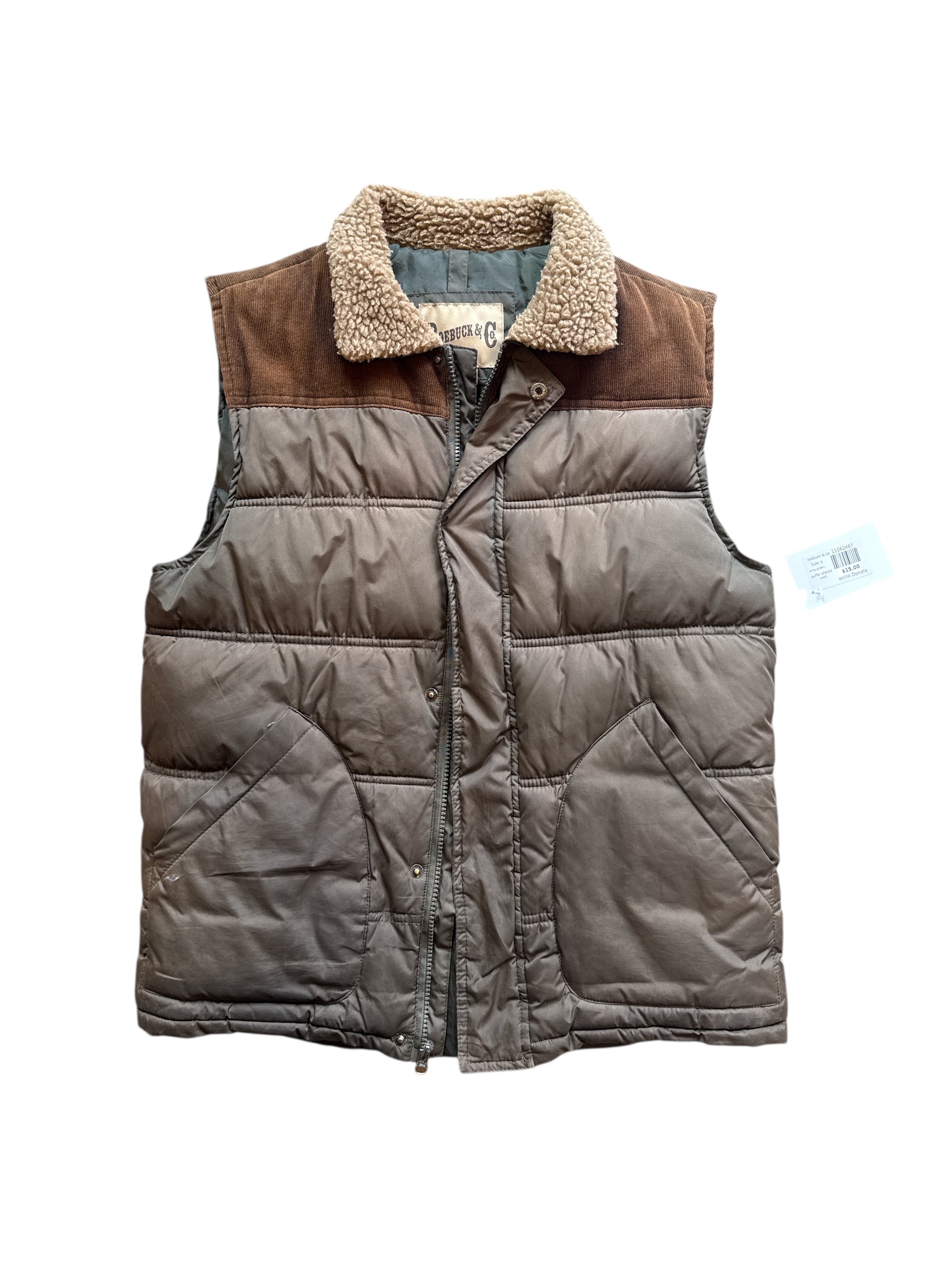 army green brown roebuck & co puffer sherpa vest, s