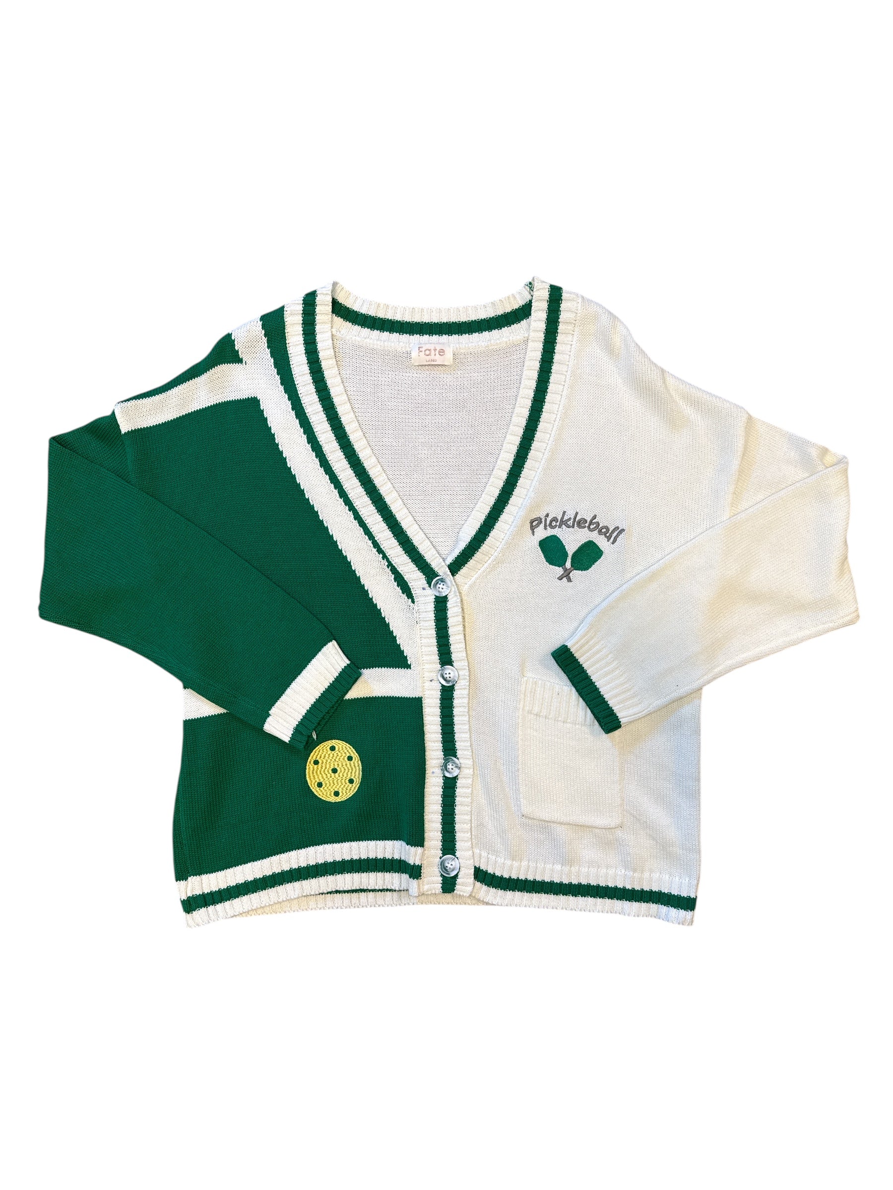 Green white Fate Pickle ball knit sweater, Large
