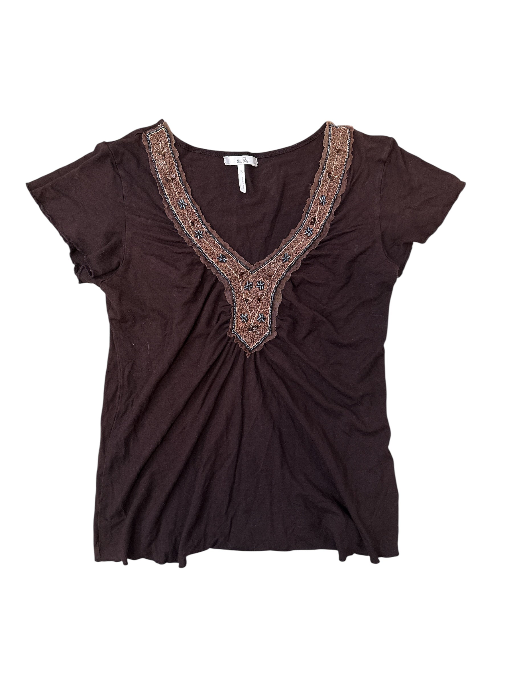 Brown Metro7 Beaded vneck ss, S