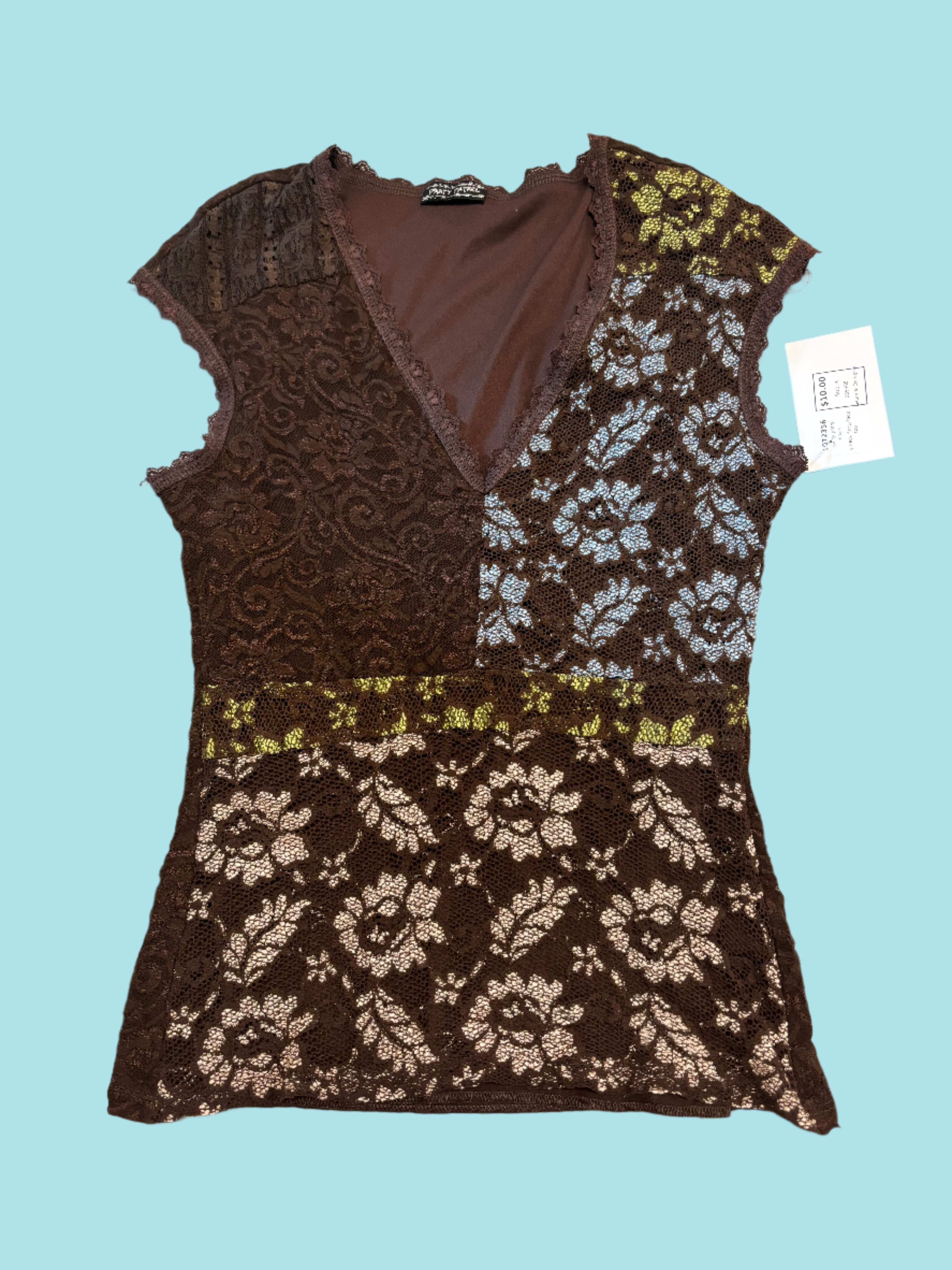 brown party patrol v neck floral lace top, s