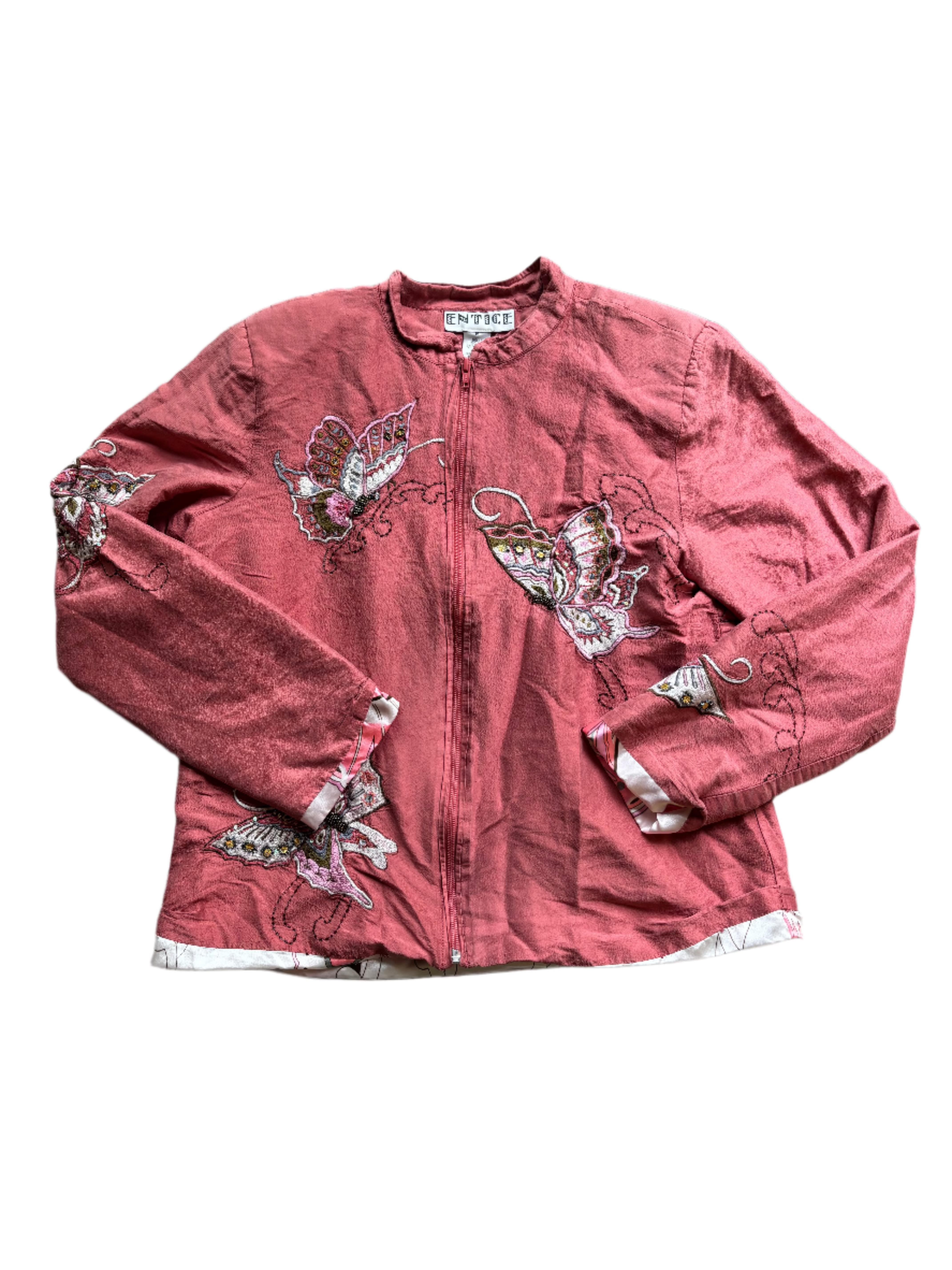 pink entice silk butterfly jacket, m