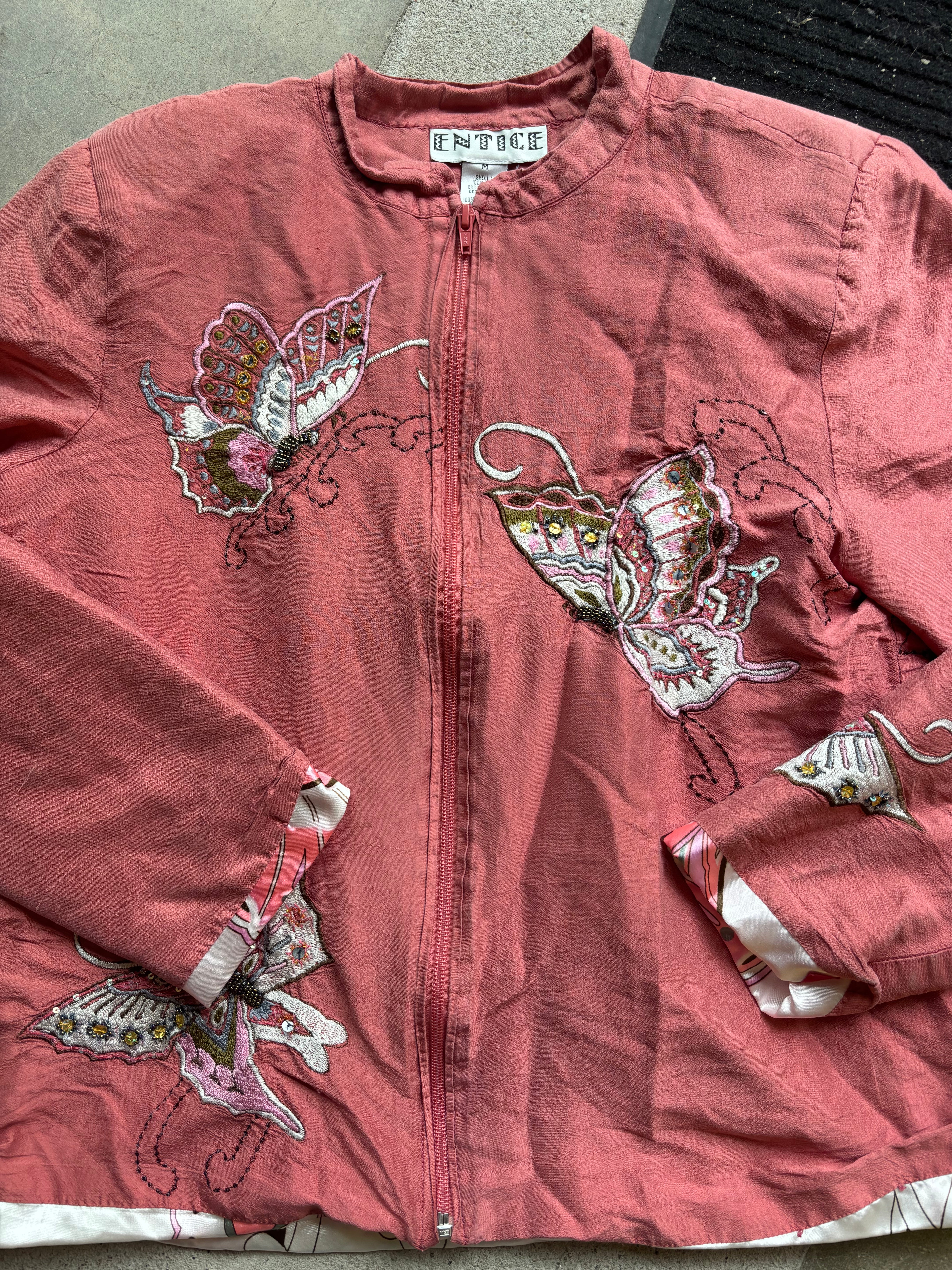 pink entice silk butterfly jacket, m