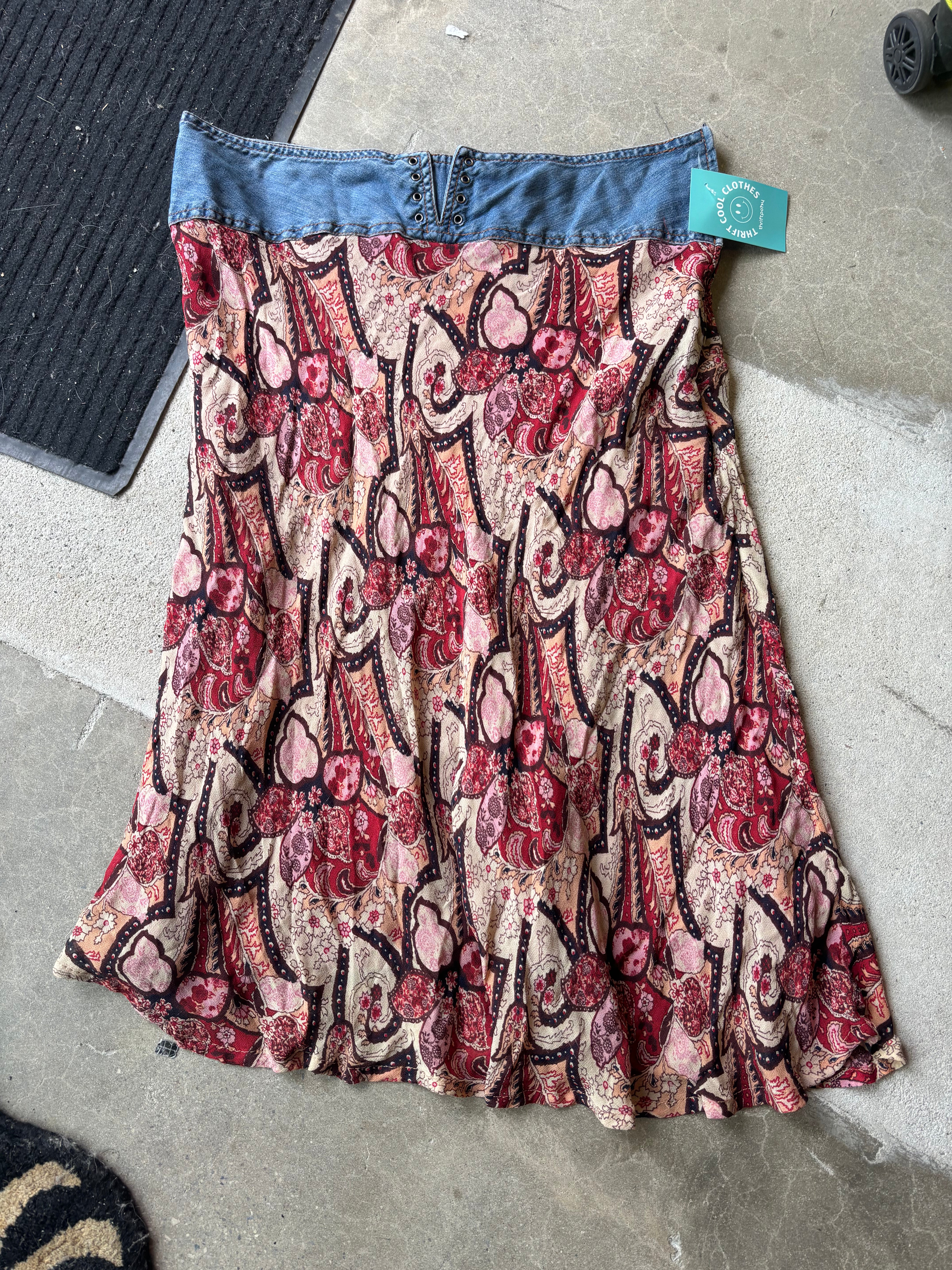 red brown blue faded glory floral skirt w denim band, 14