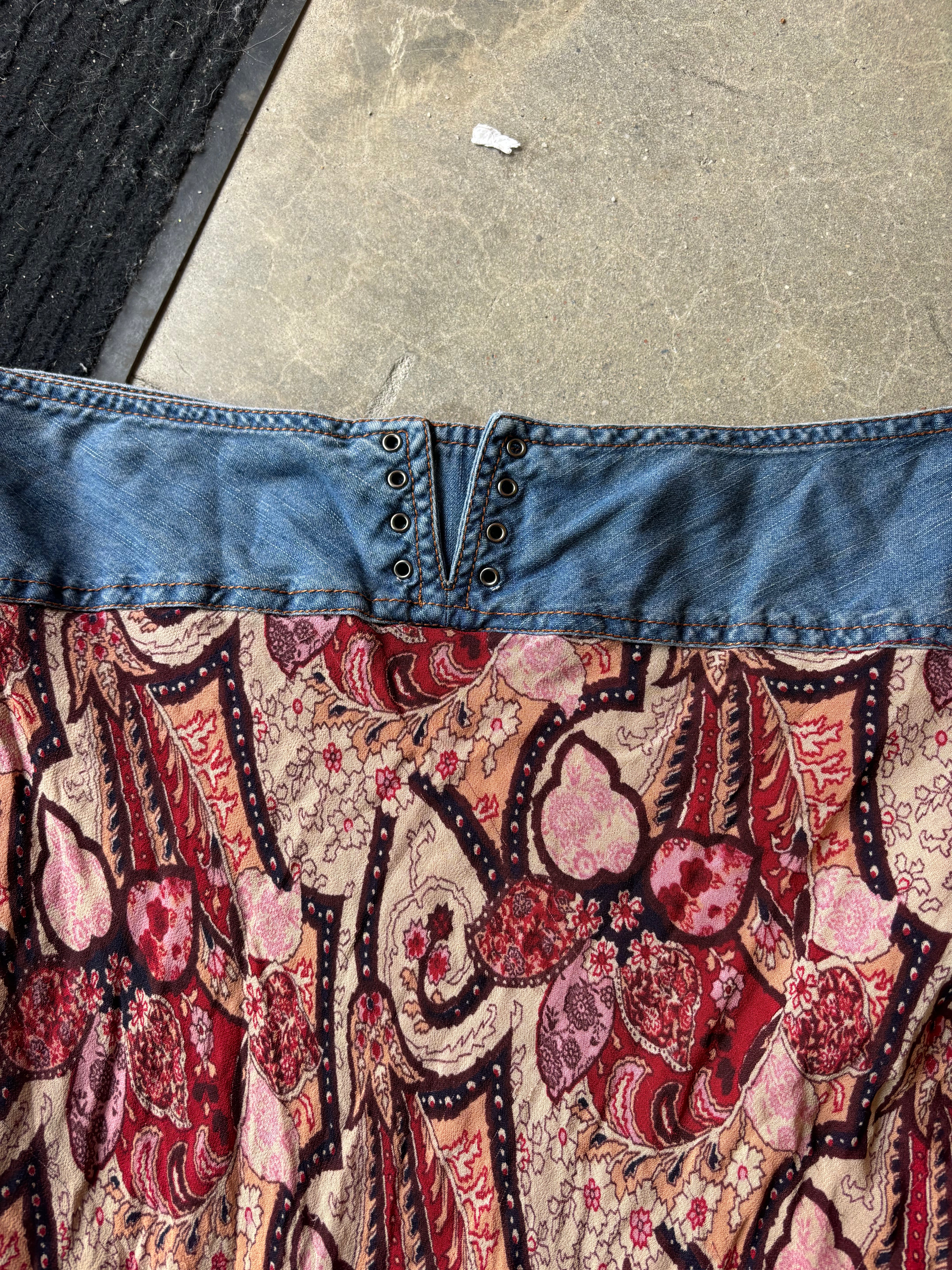 red brown blue faded glory floral skirt w denim band, 14