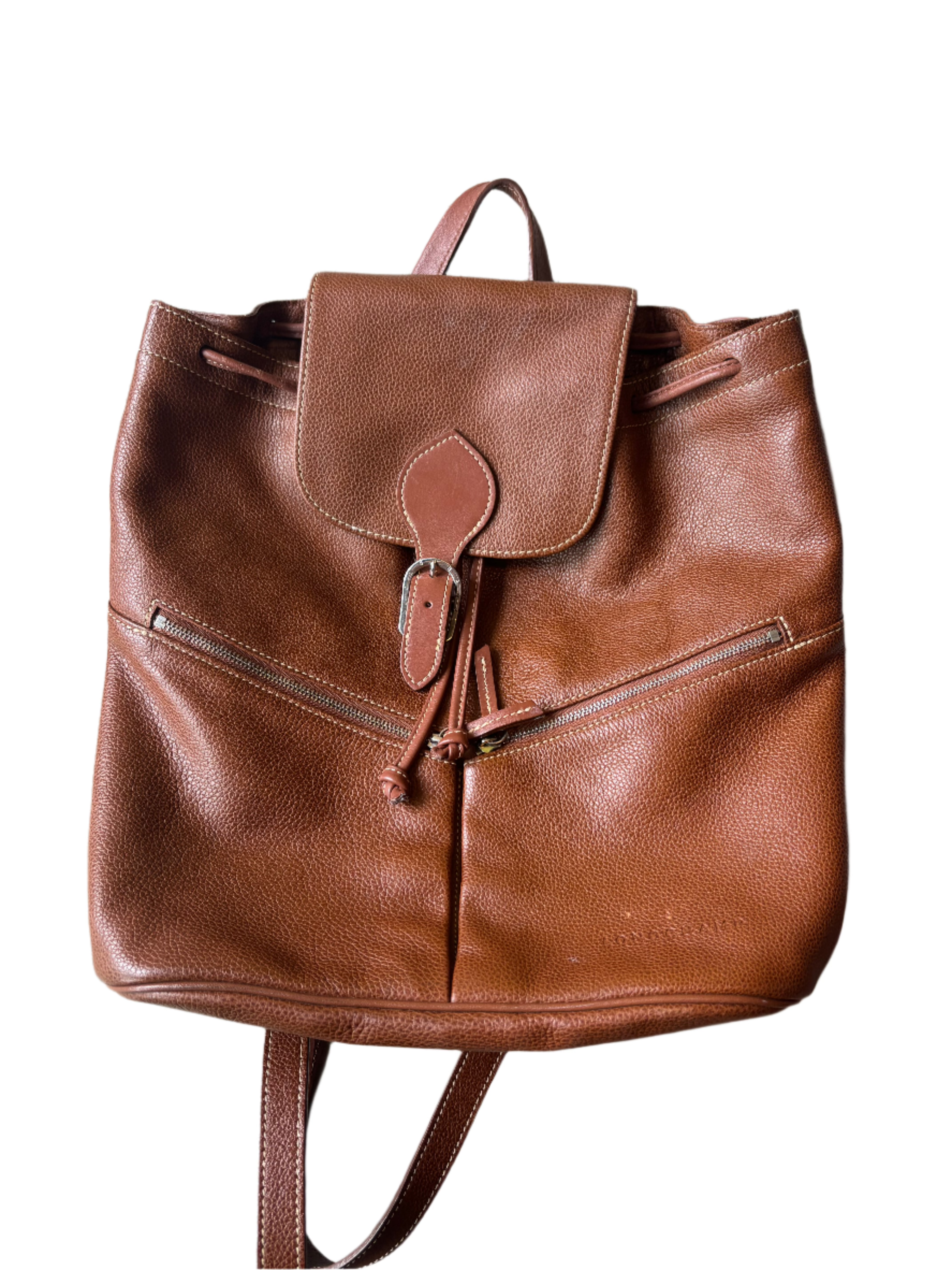 brown long champ leather backpack