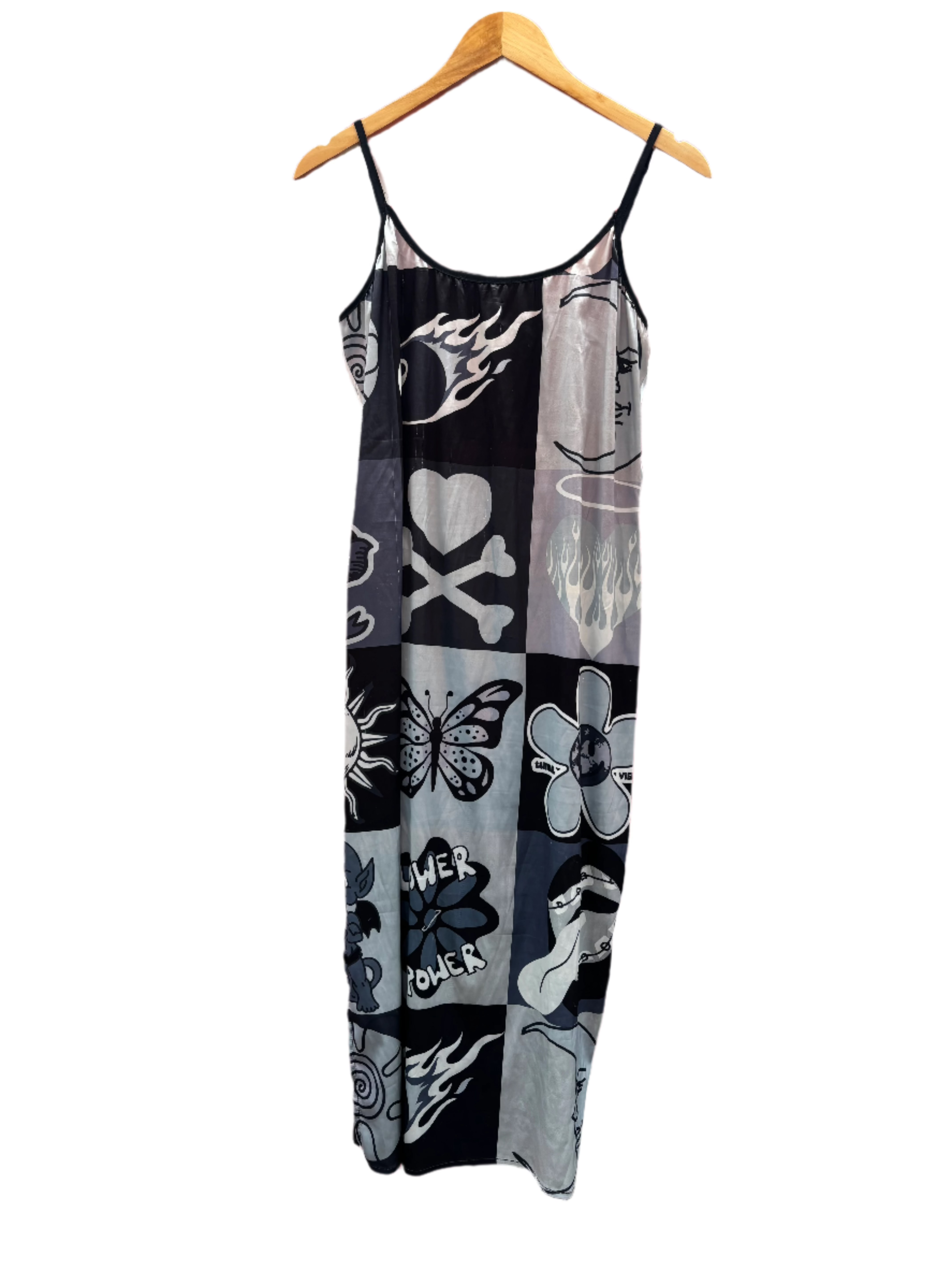 gray black tunnel vision satin floral devil dress, xl