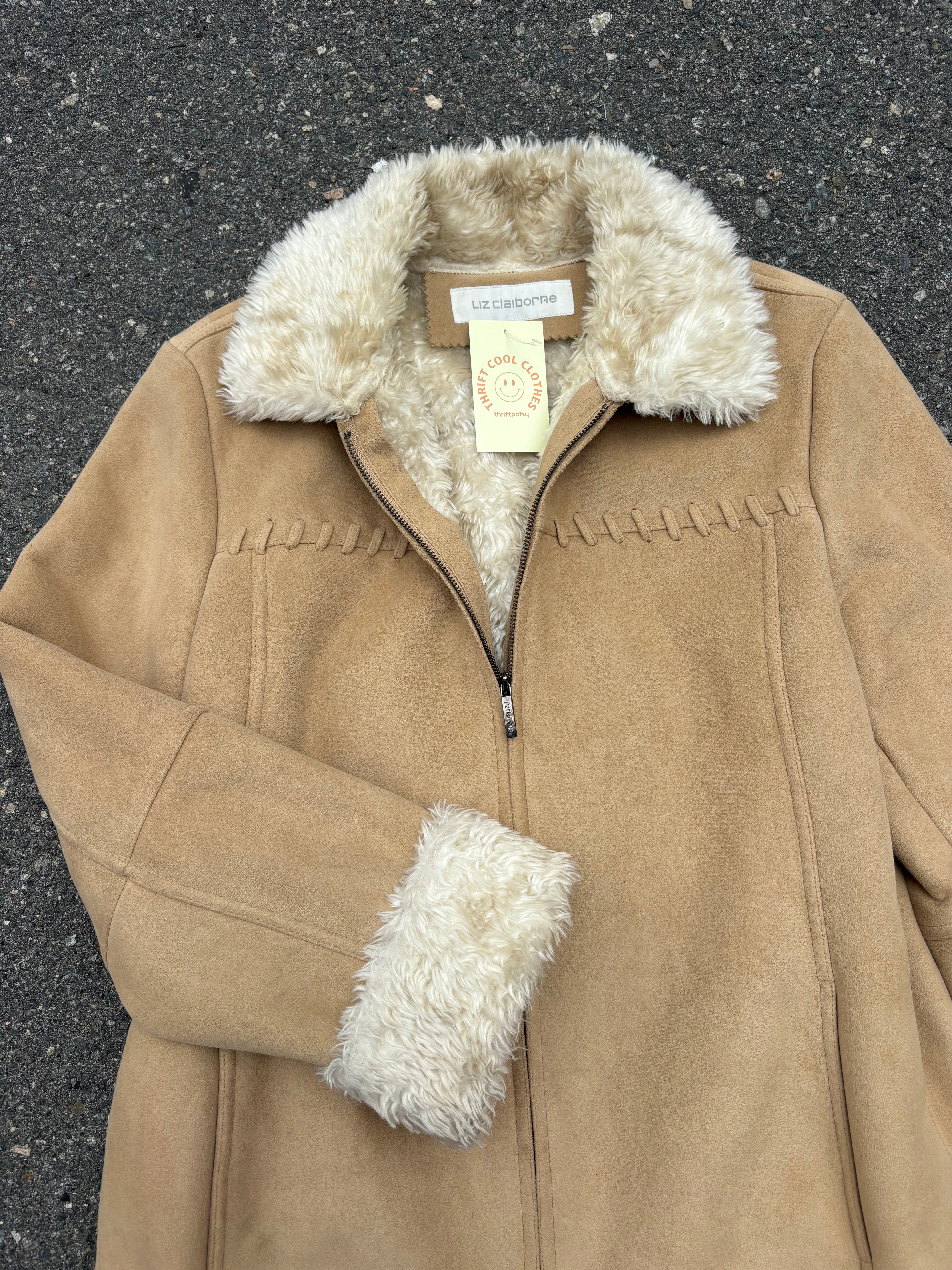 tan liz claiborne fwaux fur zip up, L
