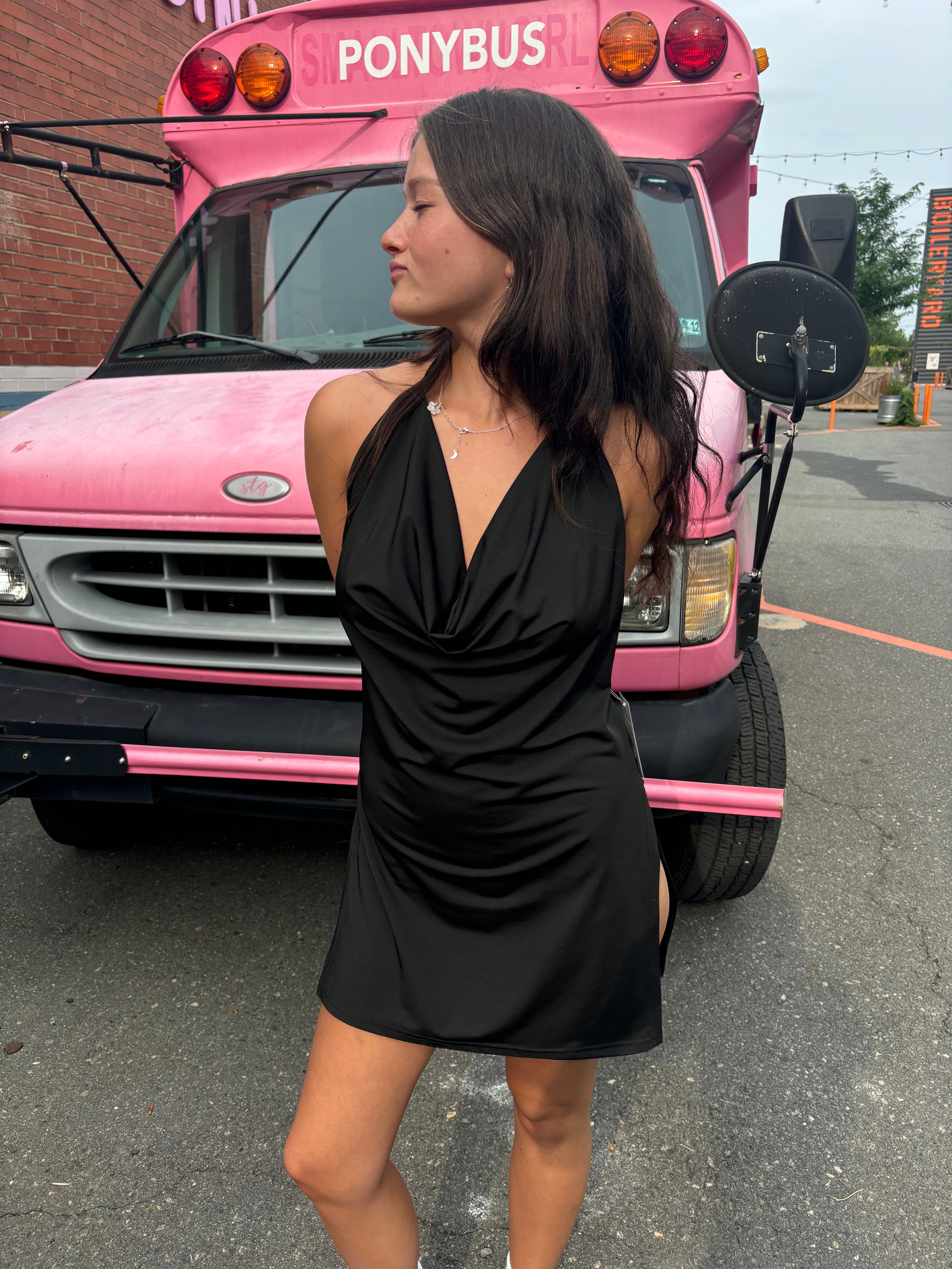 black cbr backless cowl neck dress, s