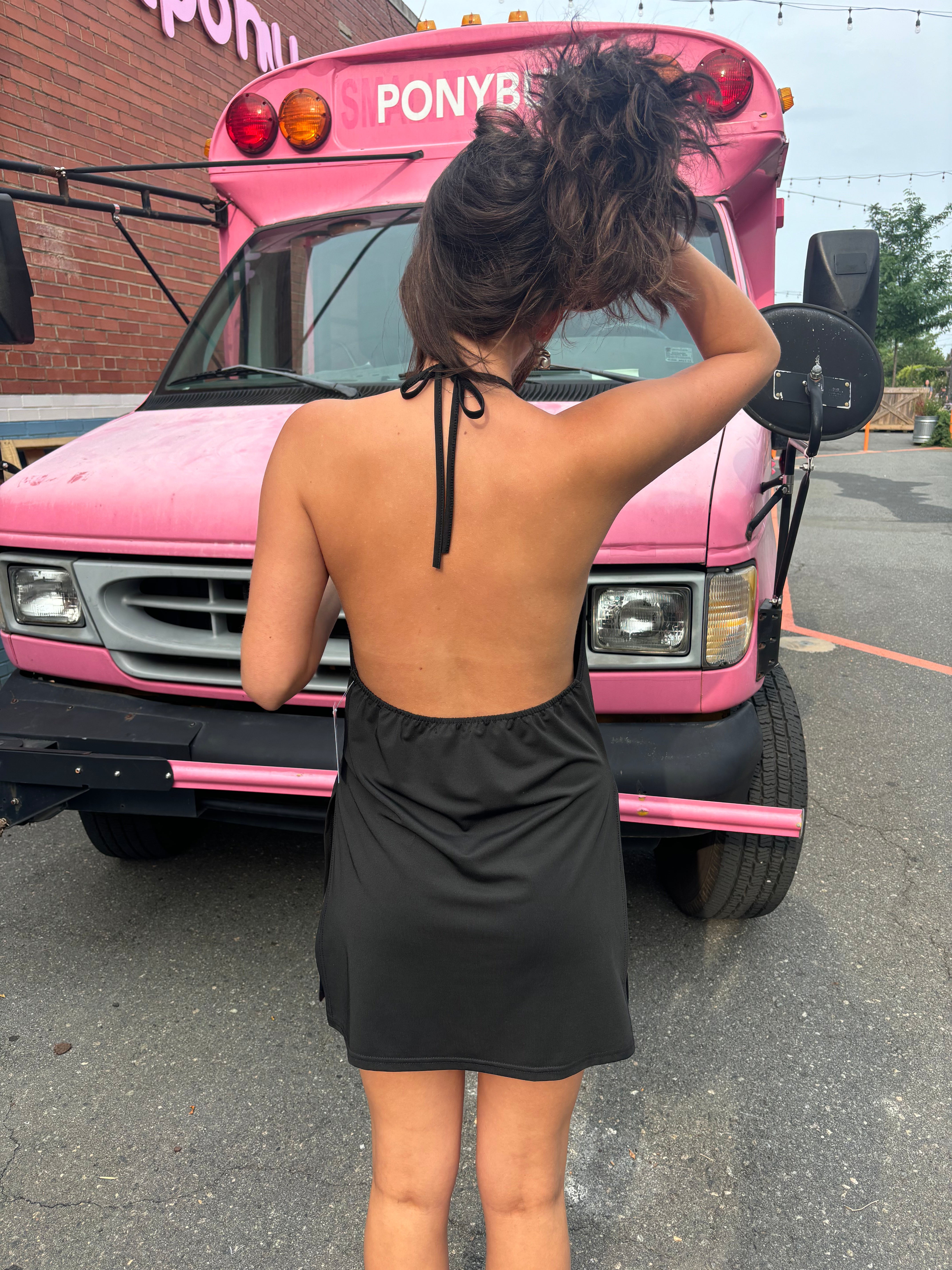 black cbr backless cowl neck dress, s